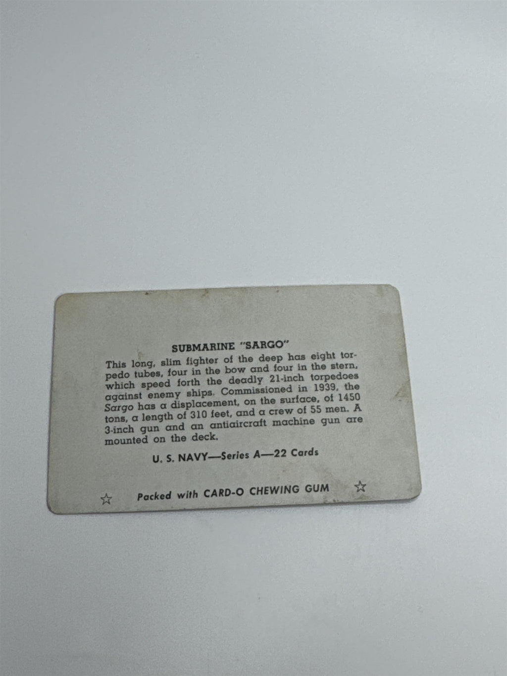 U.S. Navy Submarine "SARGO" Series A Card from CARD-O Chewing Gum Vintage Photo