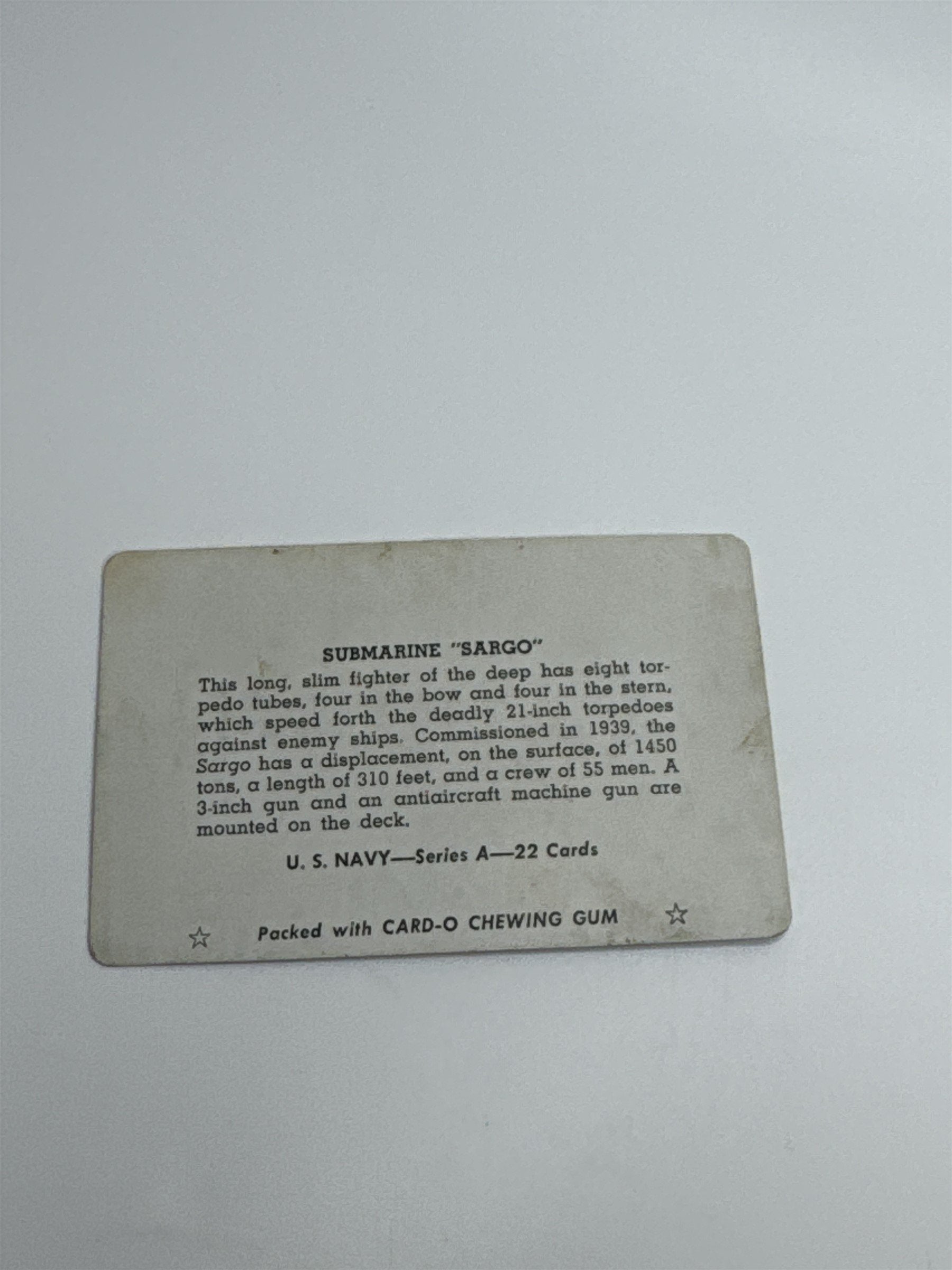 U.S. Navy Submarine "SARGO" Series A Card from CARD-O Chewing Gum Vintage Photo