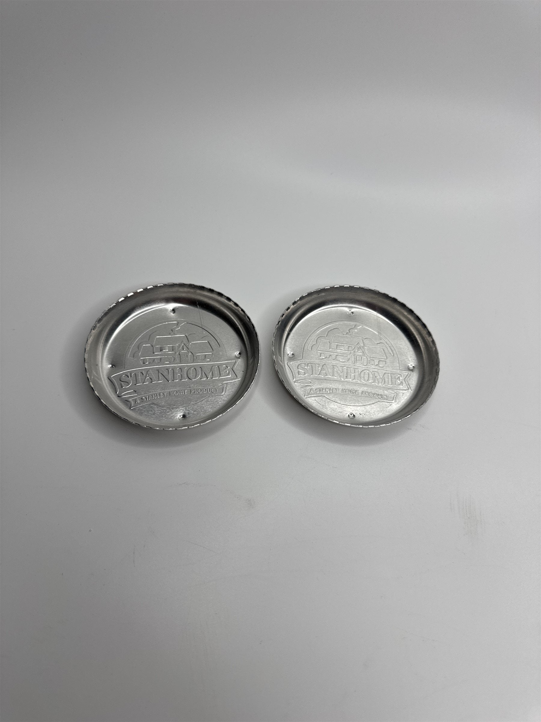 Set of 2 Vintage Stanhome A Stanley Home Product Aluminum Drink Coasters EUC