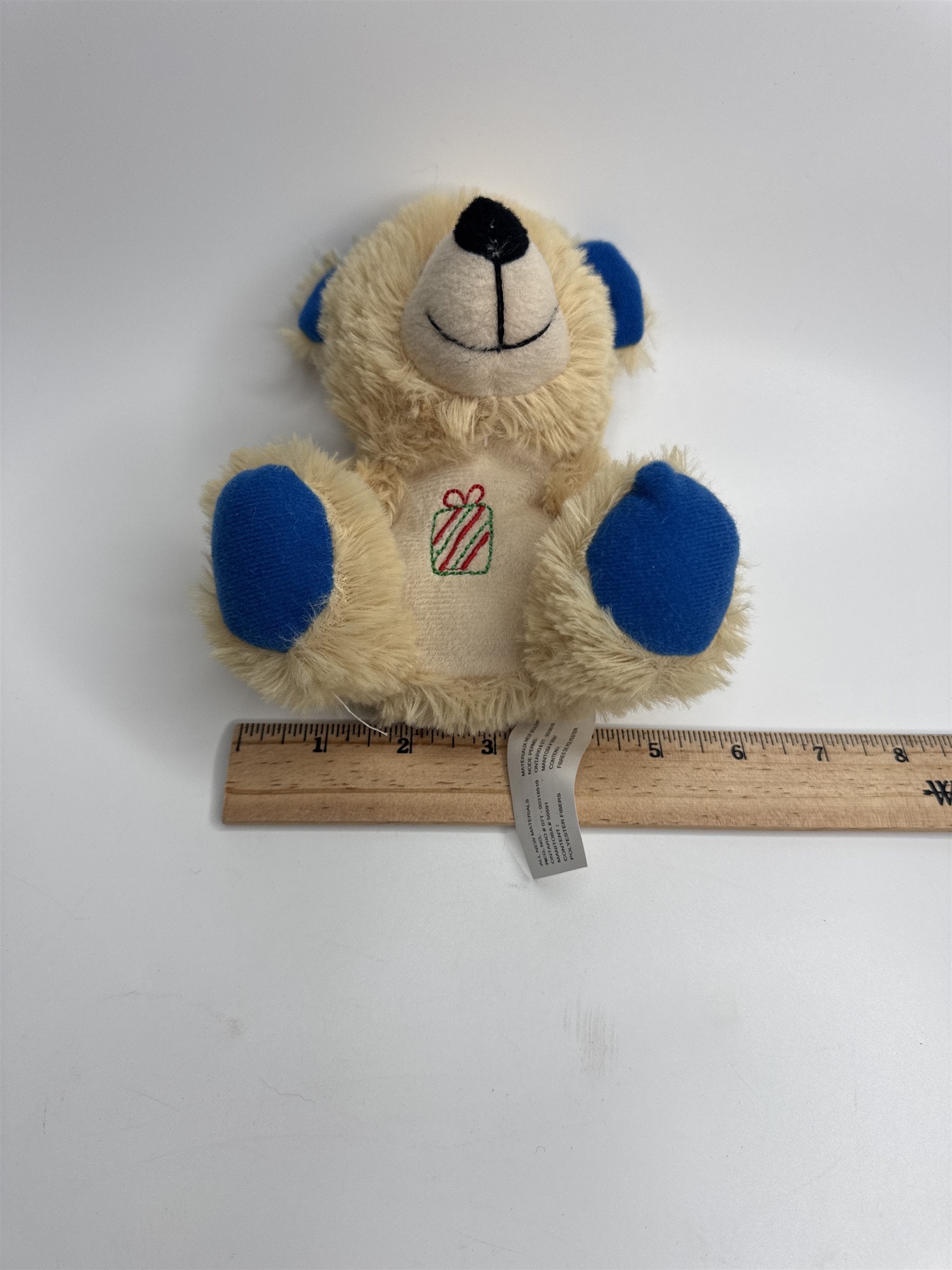 Plush Beige and Blue Happy Smiling Holiday Bear Plush with Embroidered Present