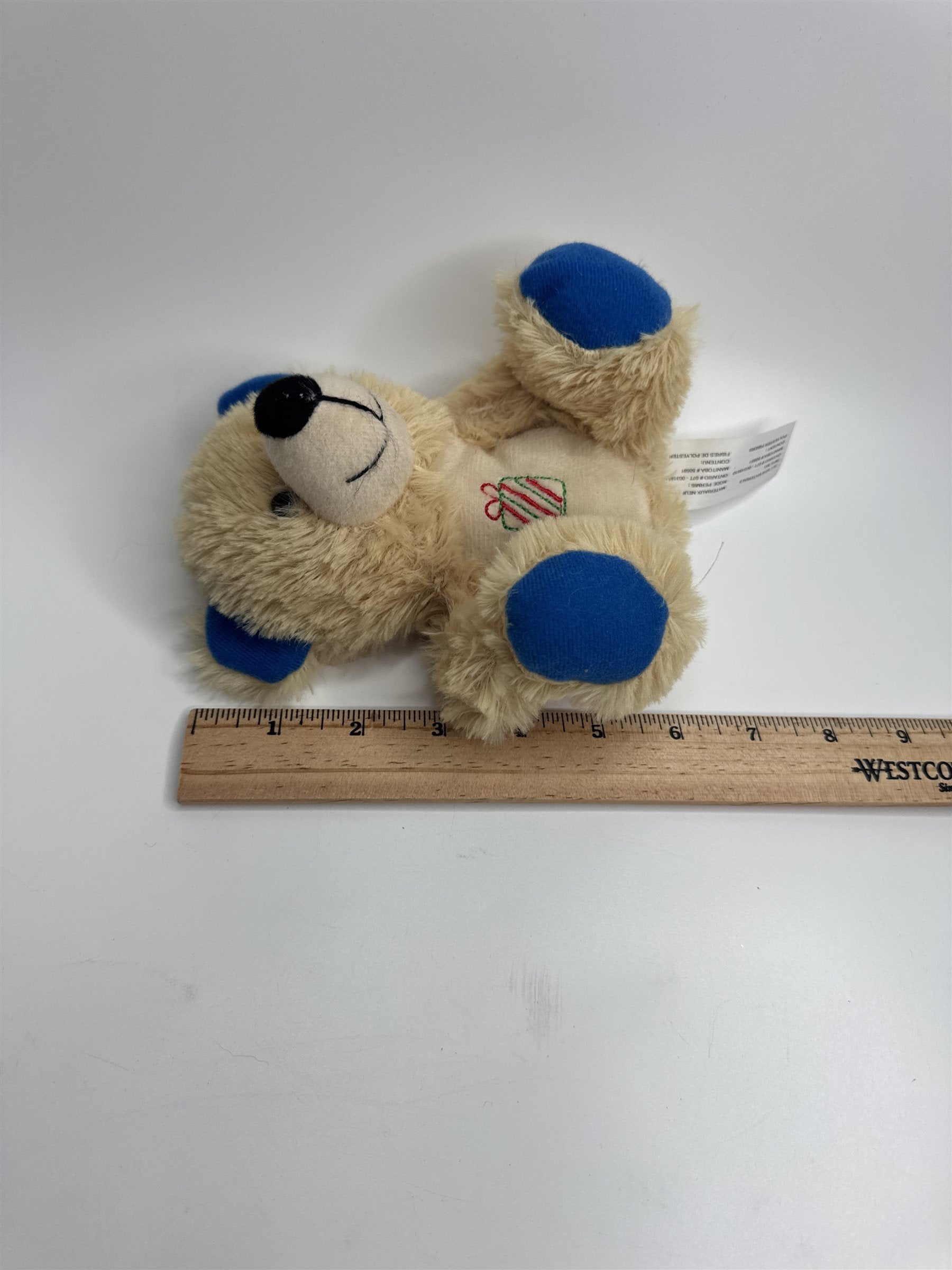 Plush Beige and Blue Happy Smiling Holiday Bear Plush with Embroidered Present
