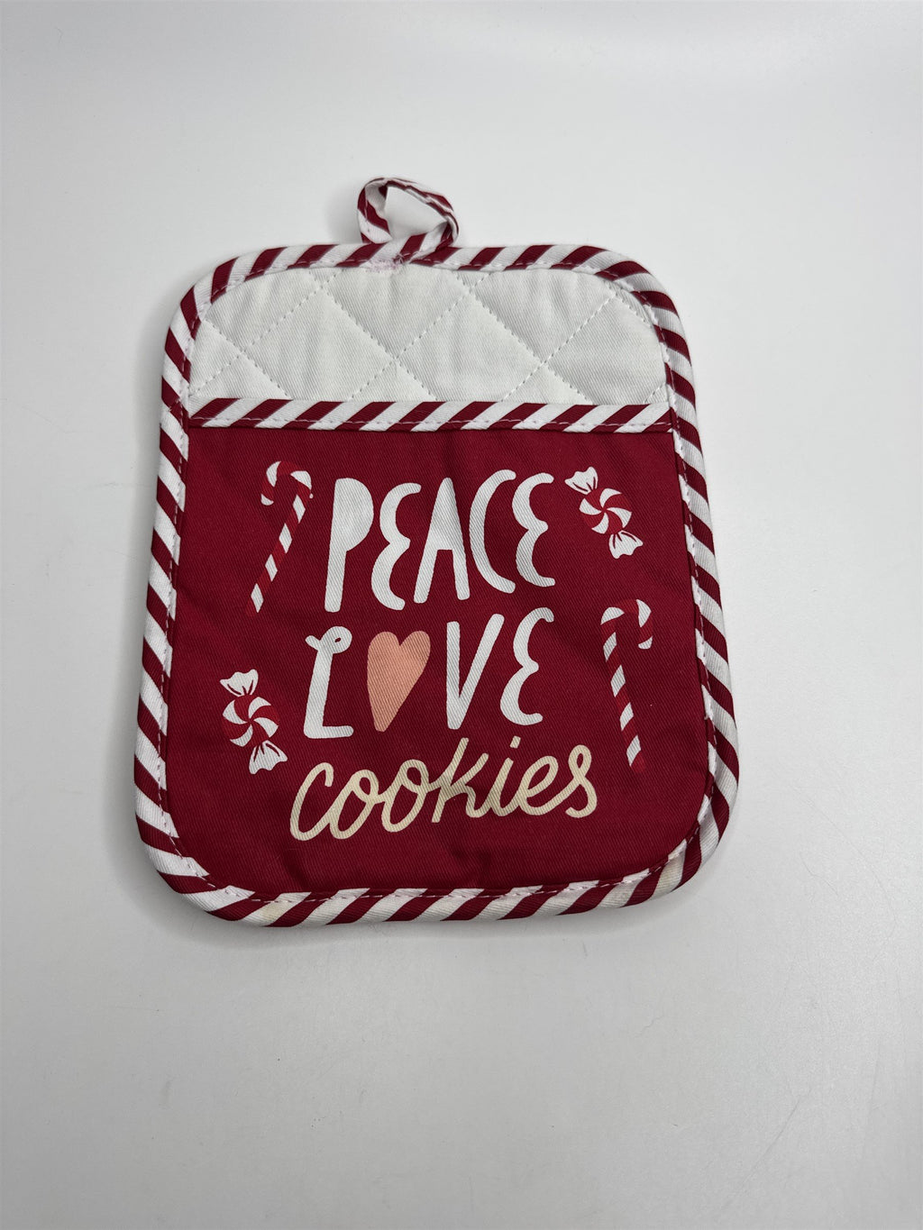 Peace Love Cookies Potholder Peppermint Stripe Pattern Background and Edges