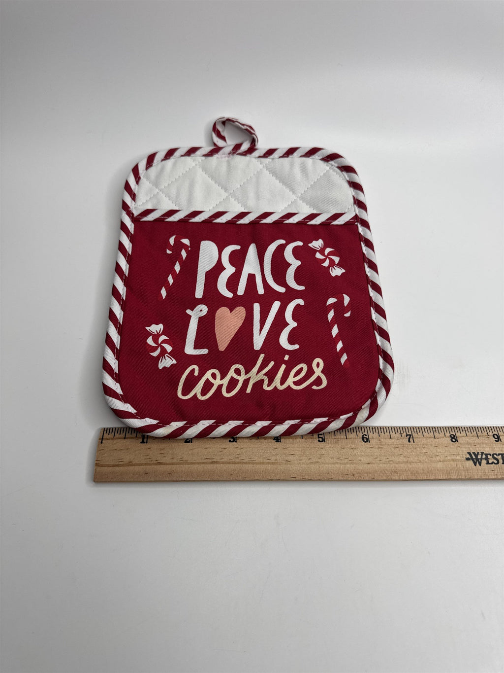 Peace Love Cookies Potholder Peppermint Stripe Pattern Background and Edges