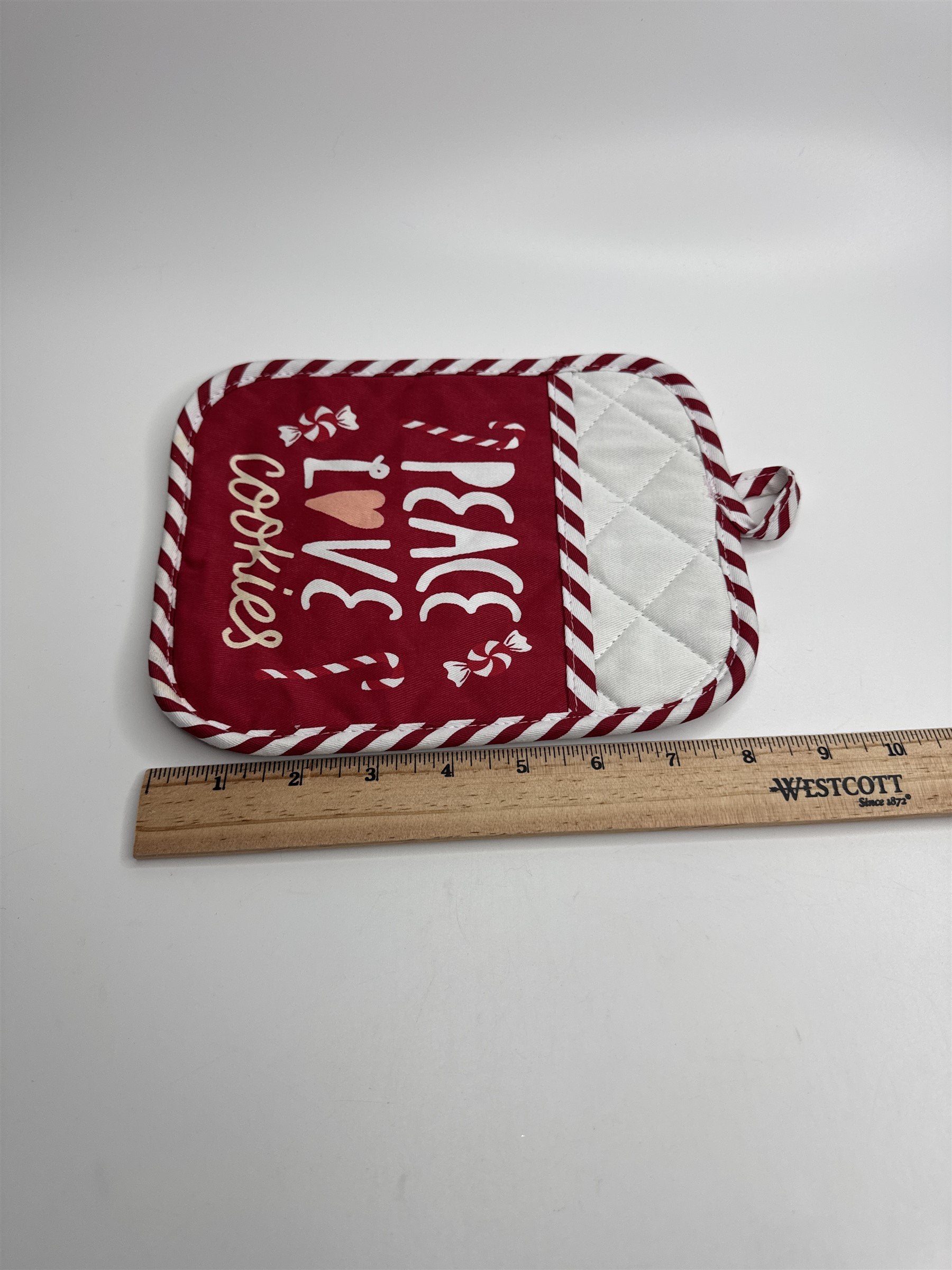 Peace Love Cookies Potholder Peppermint Stripe Pattern Background and Edges