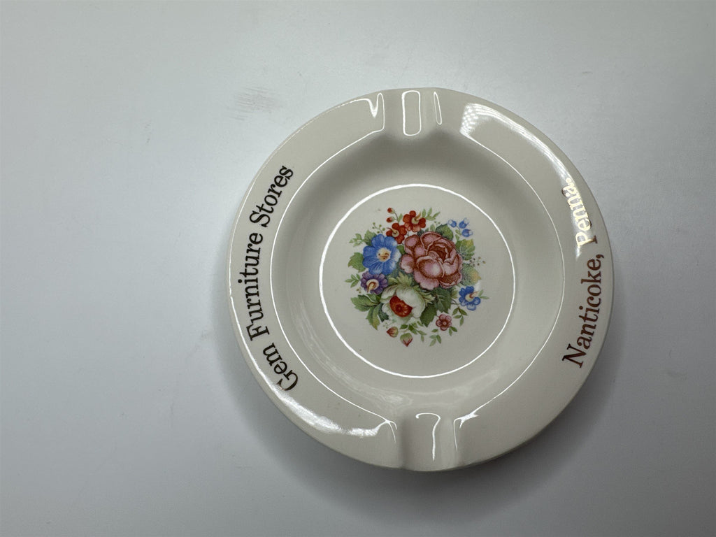 Vintage Nanticoke Pennsylvania Gem Furniture Stores Floral Ashtray /w 23K Gold