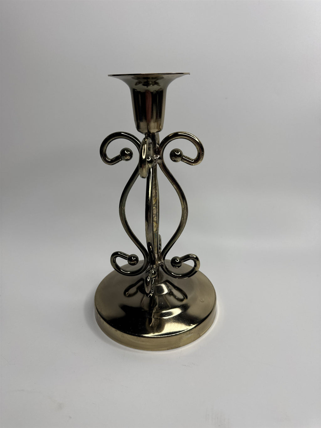 Vintage Brass Toned Metal 7" Ornate Footed Candlestick Holder Felt Bottom