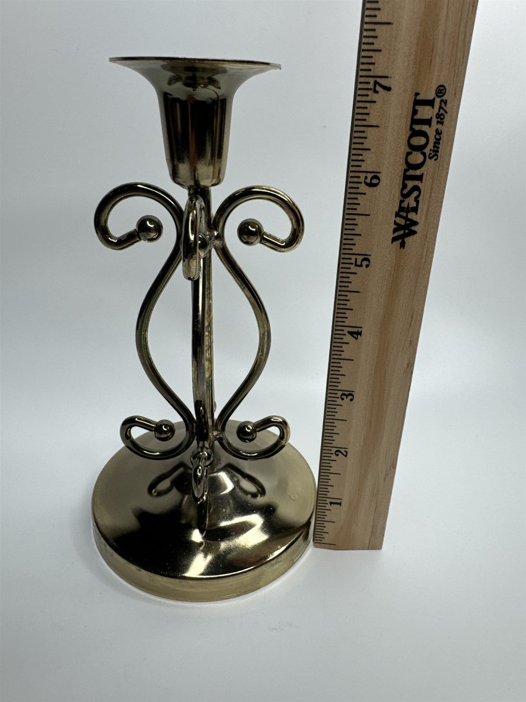 Vintage Brass Toned Metal 7" Ornate Footed Candlestick Holder Felt Bottom
