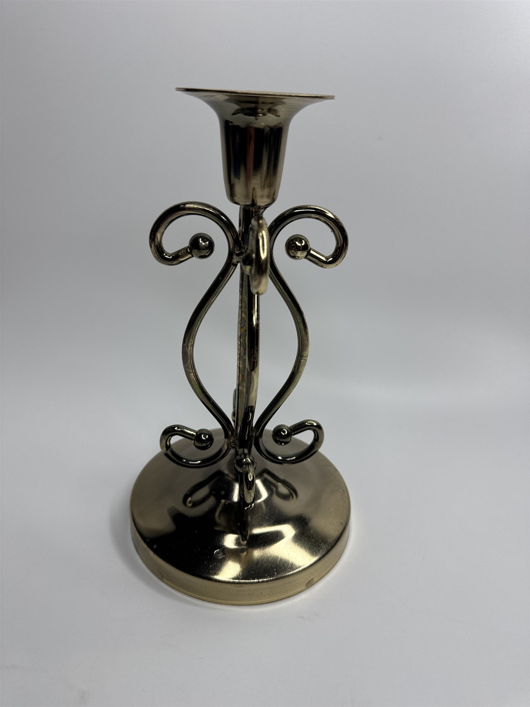 Vintage Brass Toned Metal 7" Ornate Footed Candlestick Holder Felt Bottom