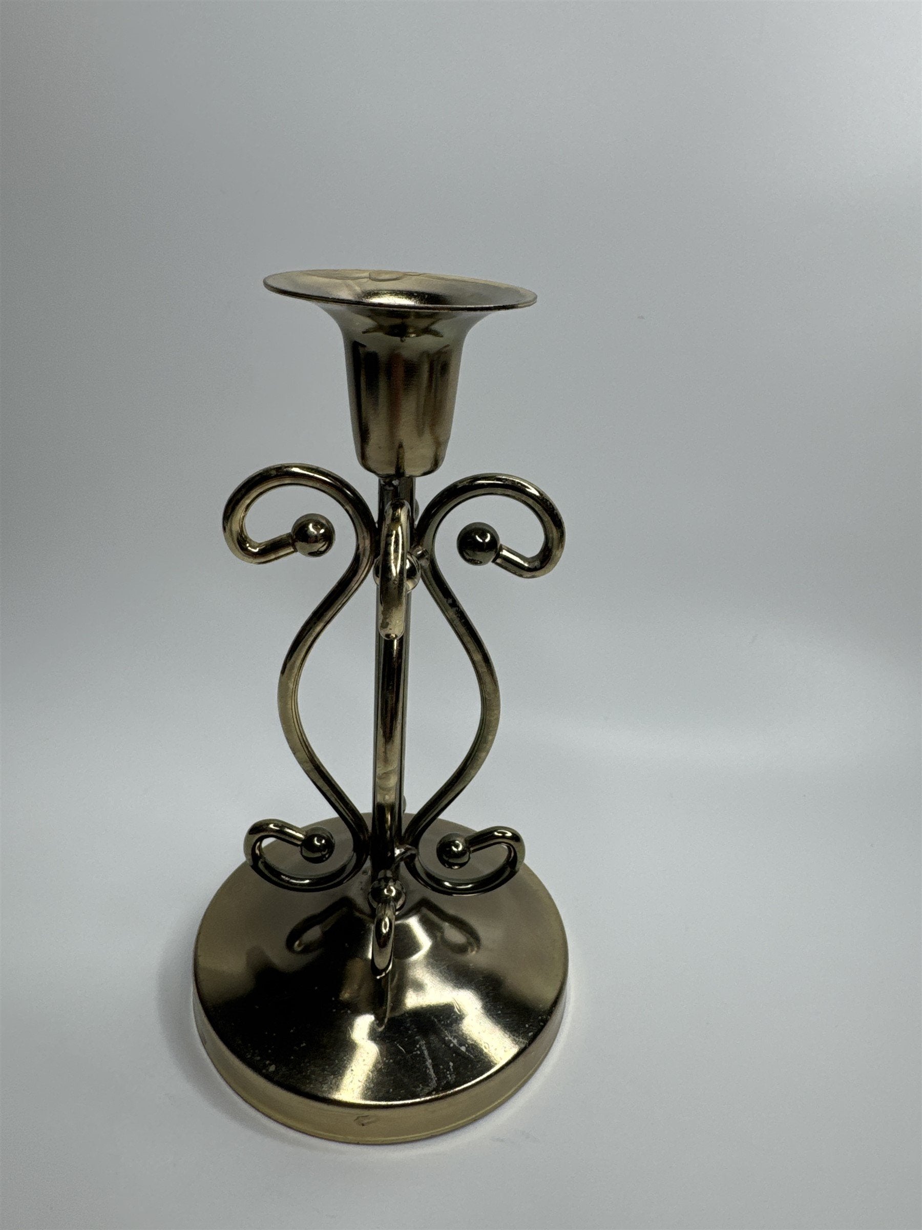 Vintage Brass Toned Metal 7" Ornate Footed Candlestick Holder Felt Bottom