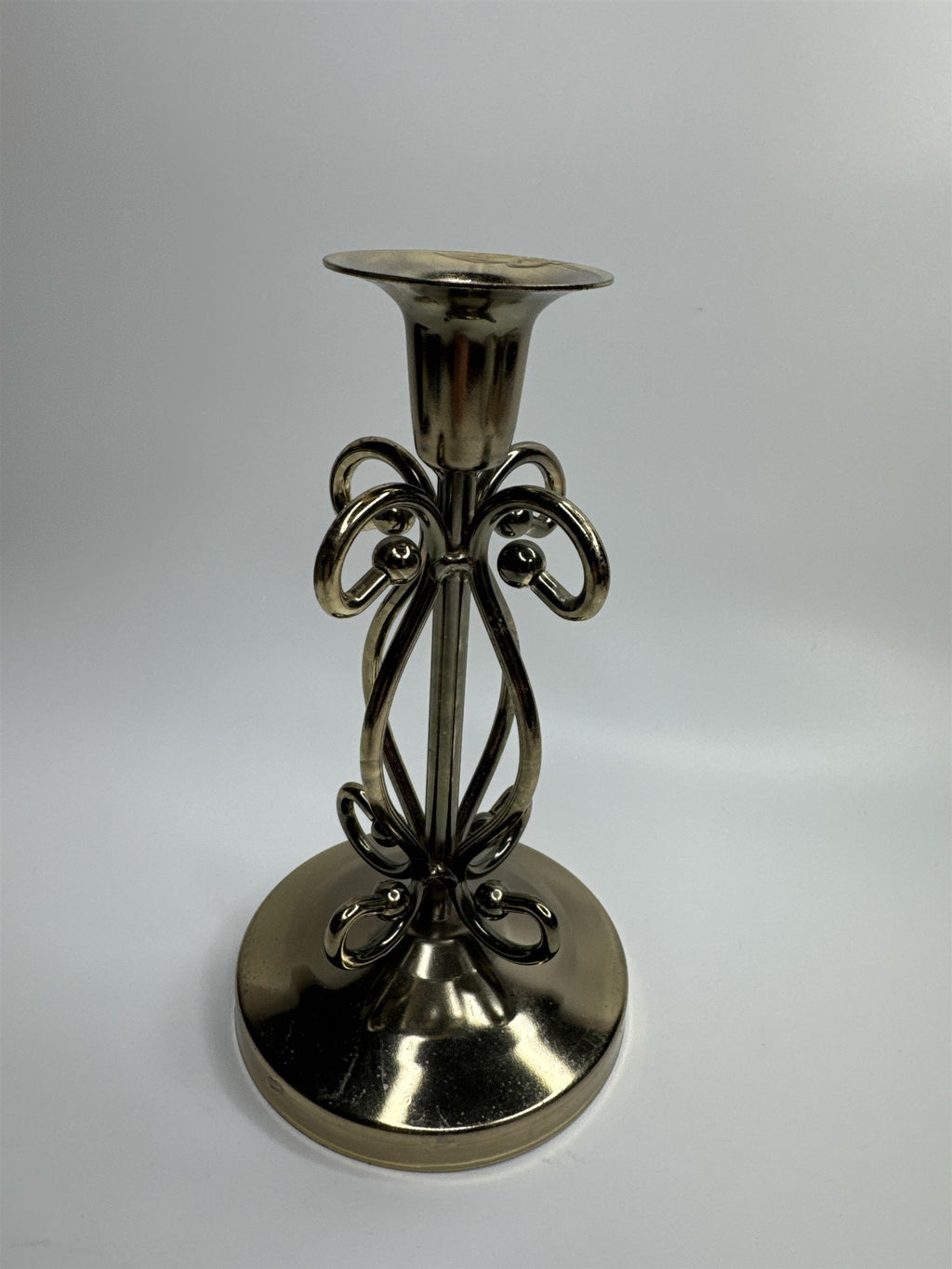 Vintage Brass Toned Metal 7" Ornate Footed Candlestick Holder Felt Bottom