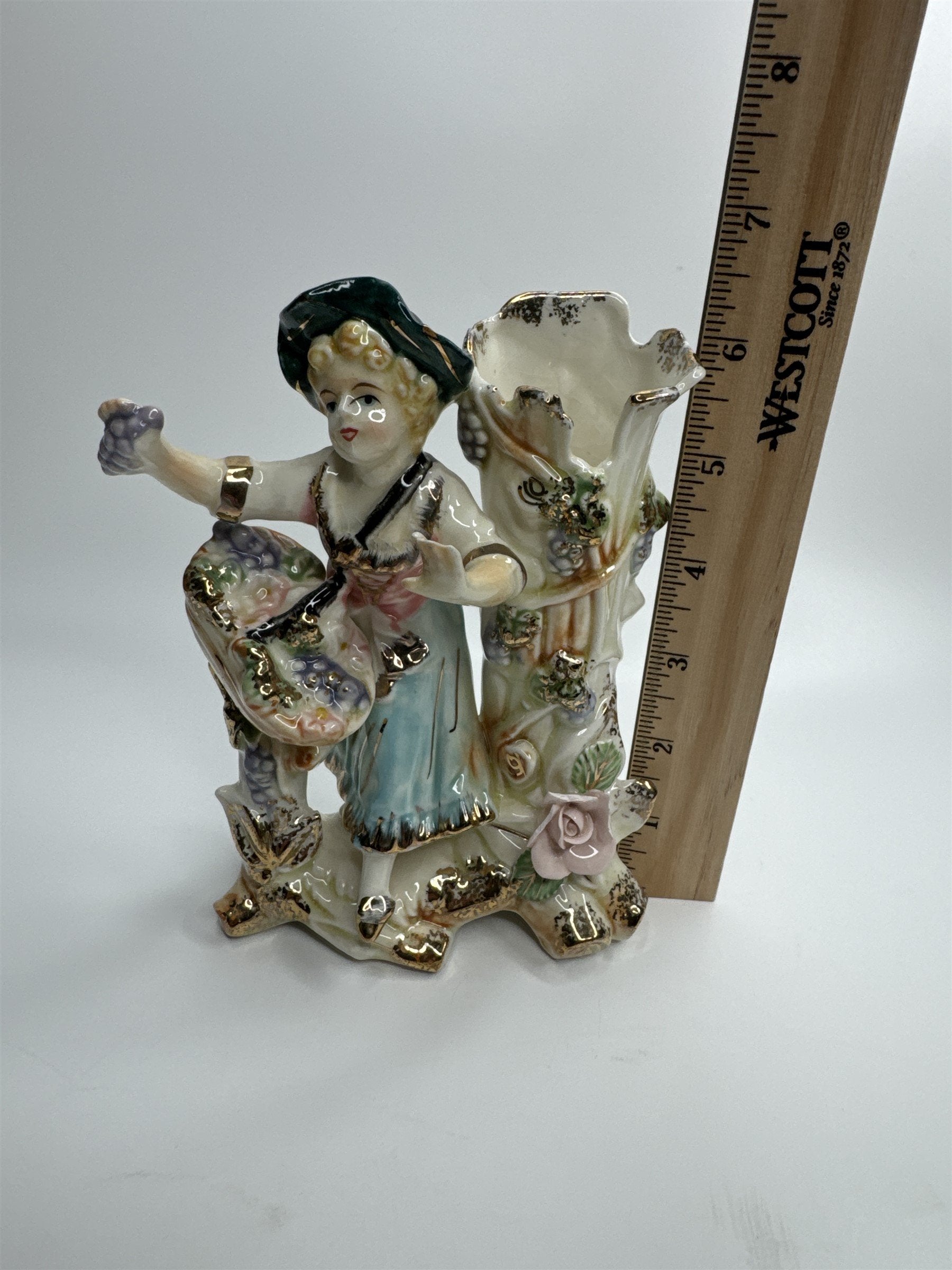 Vintage Ceramic Figurine Planter of Woman with Flowers and Fruit Basket JAPAN