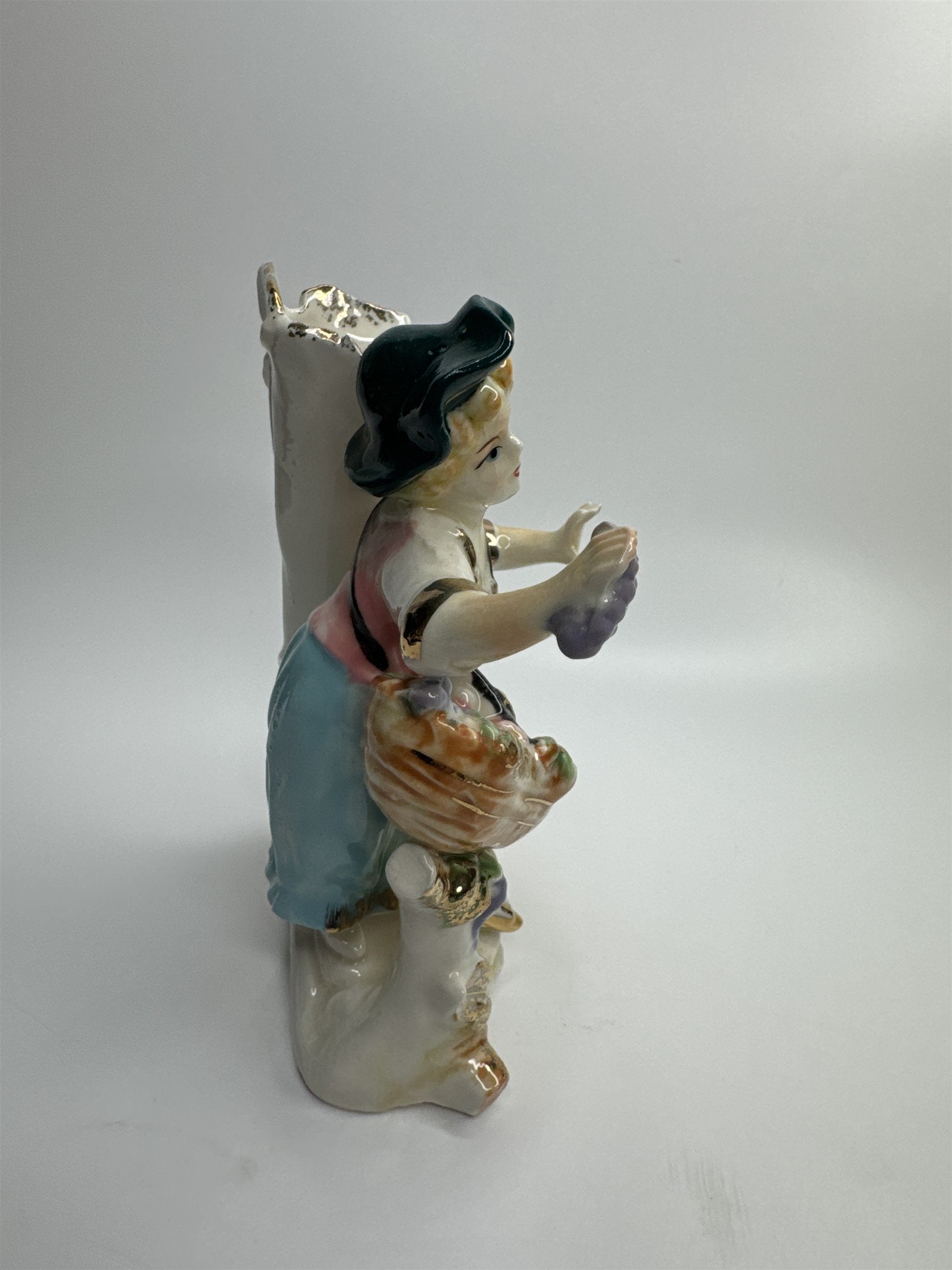 Vintage Ceramic Figurine Planter of Woman with Flowers and Fruit Basket JAPAN
