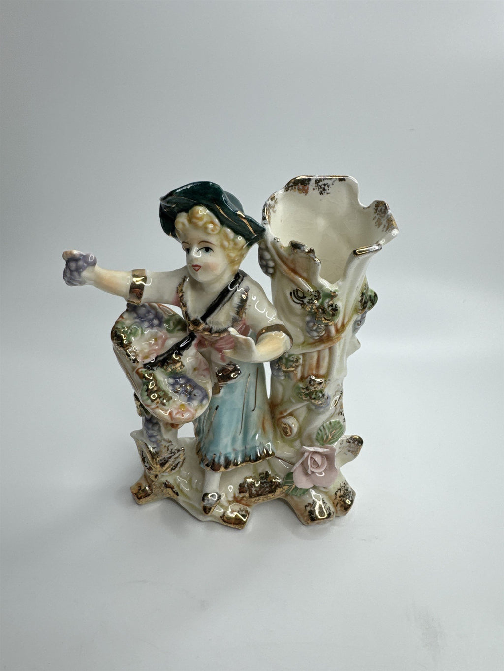 Vintage Ceramic Figurine Planter of Woman with Flowers and Fruit Basket JAPAN