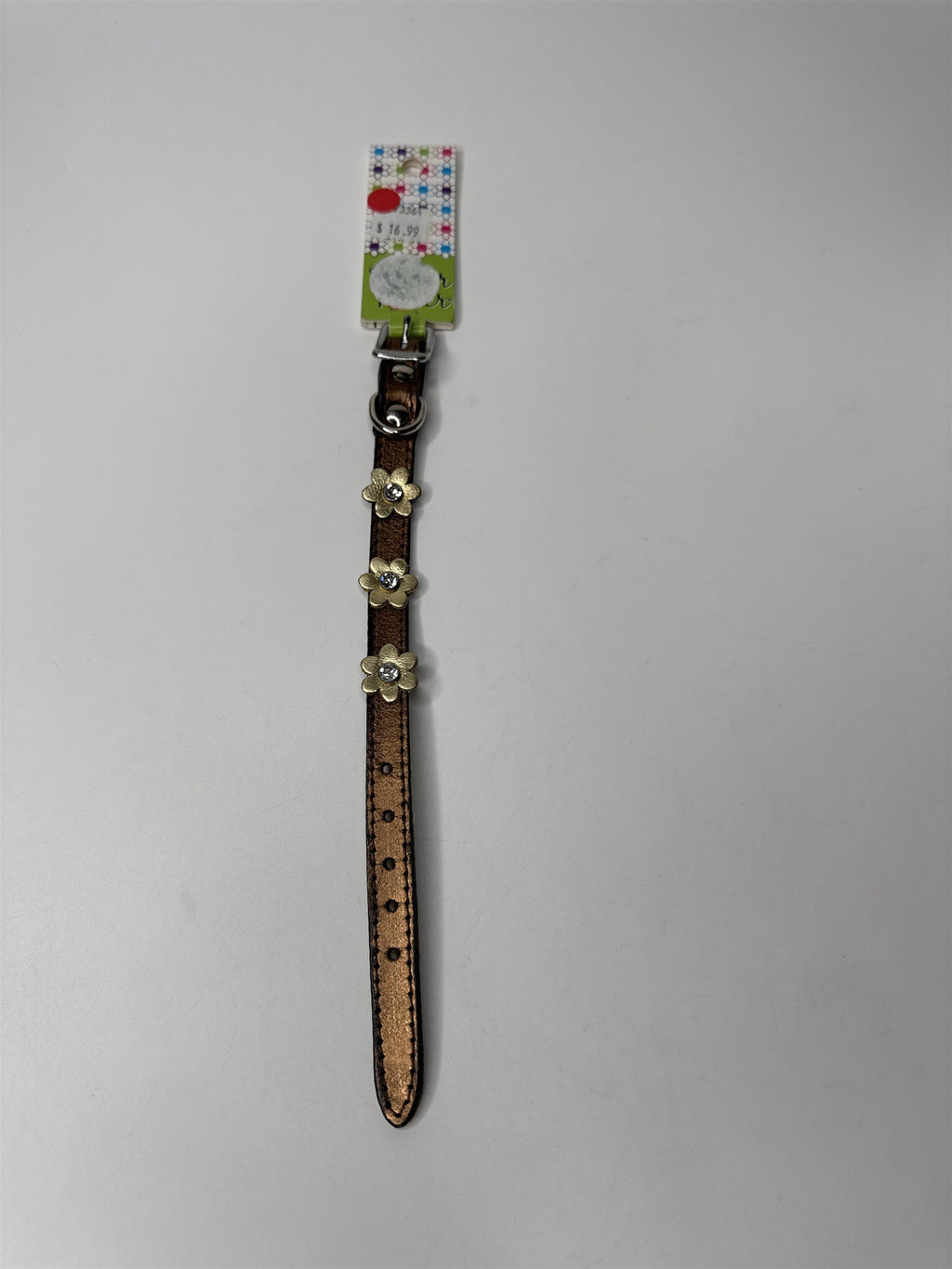 OmniPet Flower Power Leather Metallic Brown Gold Crystals Flower 10" Dog Collar