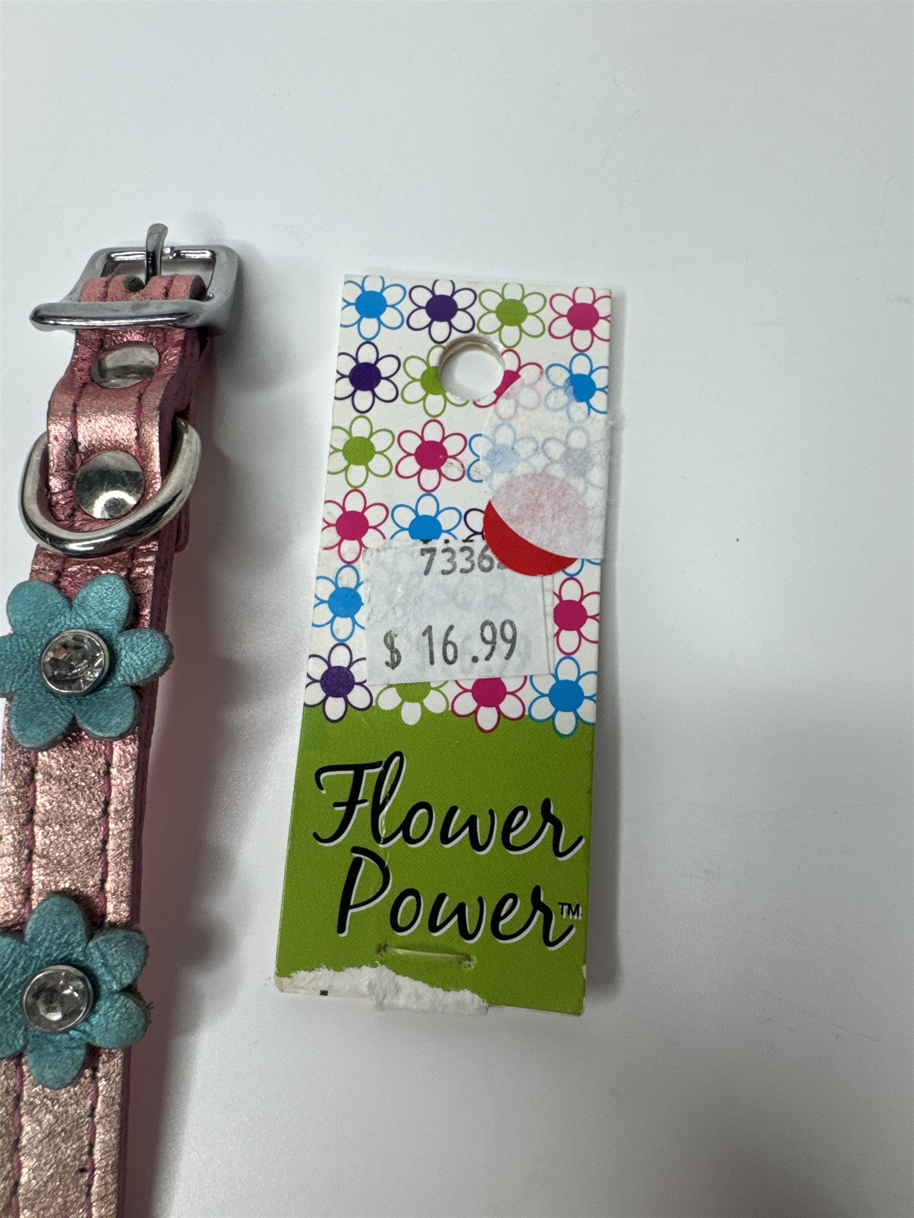 OmniPet Flower Power Leather Metallic Pink Blue Crystals Flower 10" Dog Collar