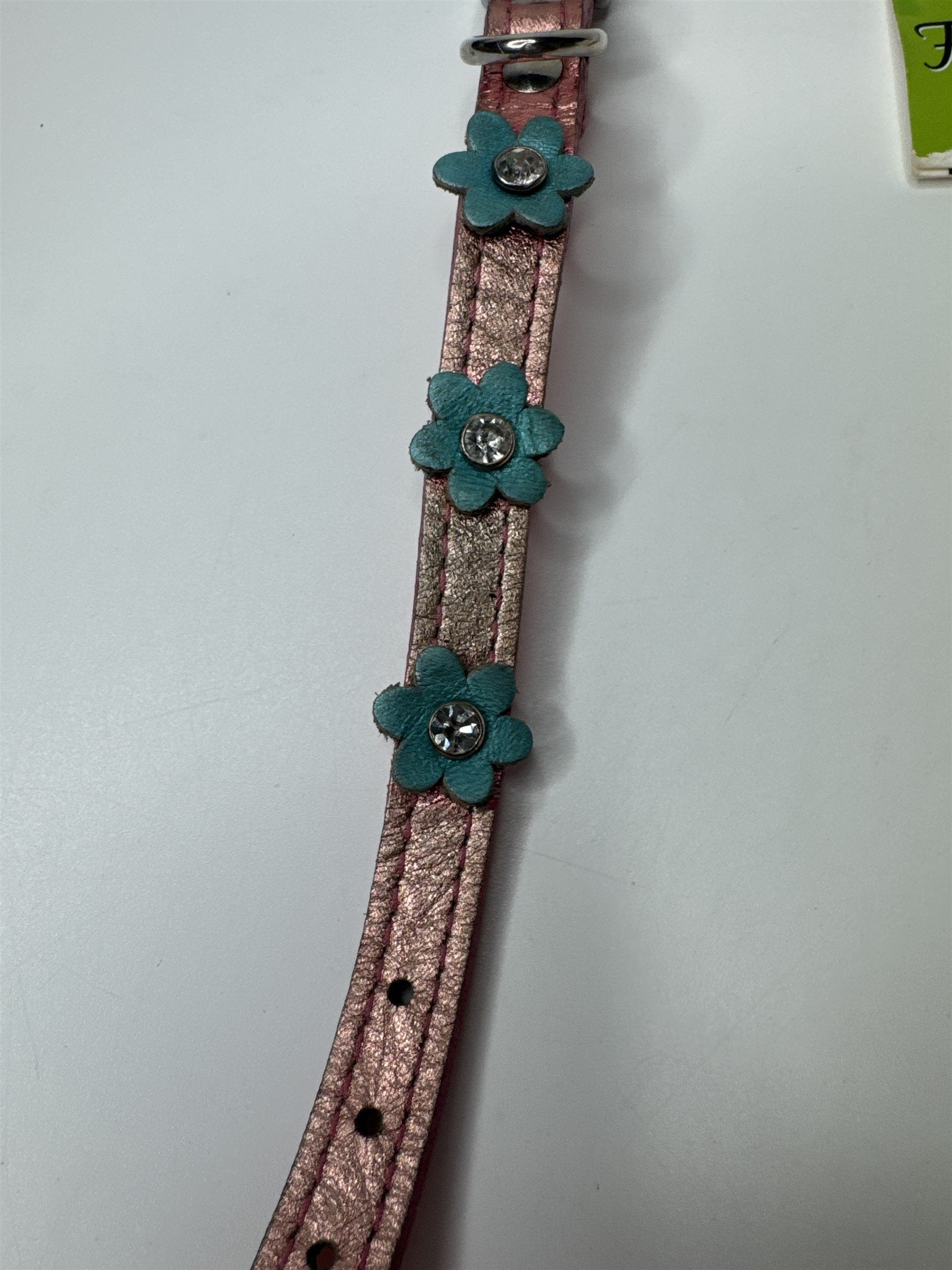 OmniPet Flower Power Leather Metallic Pink Blue Crystals Flower 10" Dog Collar