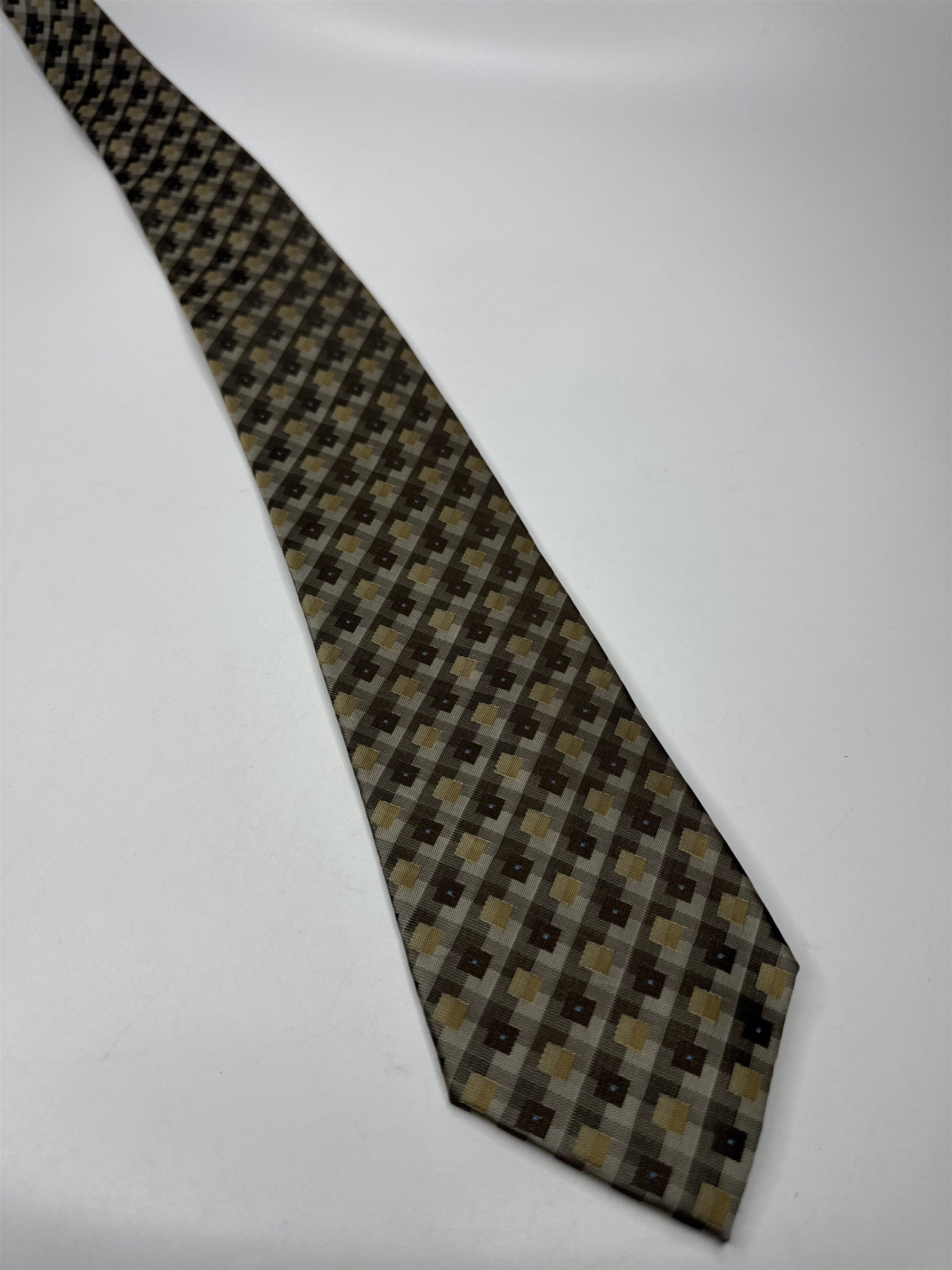Van Heusen Mens Neck Tie Tan/Gray/Beige/Cream Square Pattern Polyester Handmade