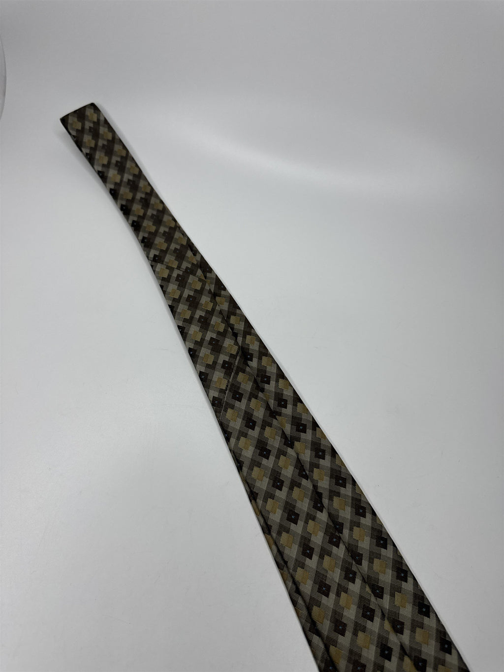 Van Heusen Mens Neck Tie Tan/Gray/Beige/Cream Square Pattern Polyester Handmade