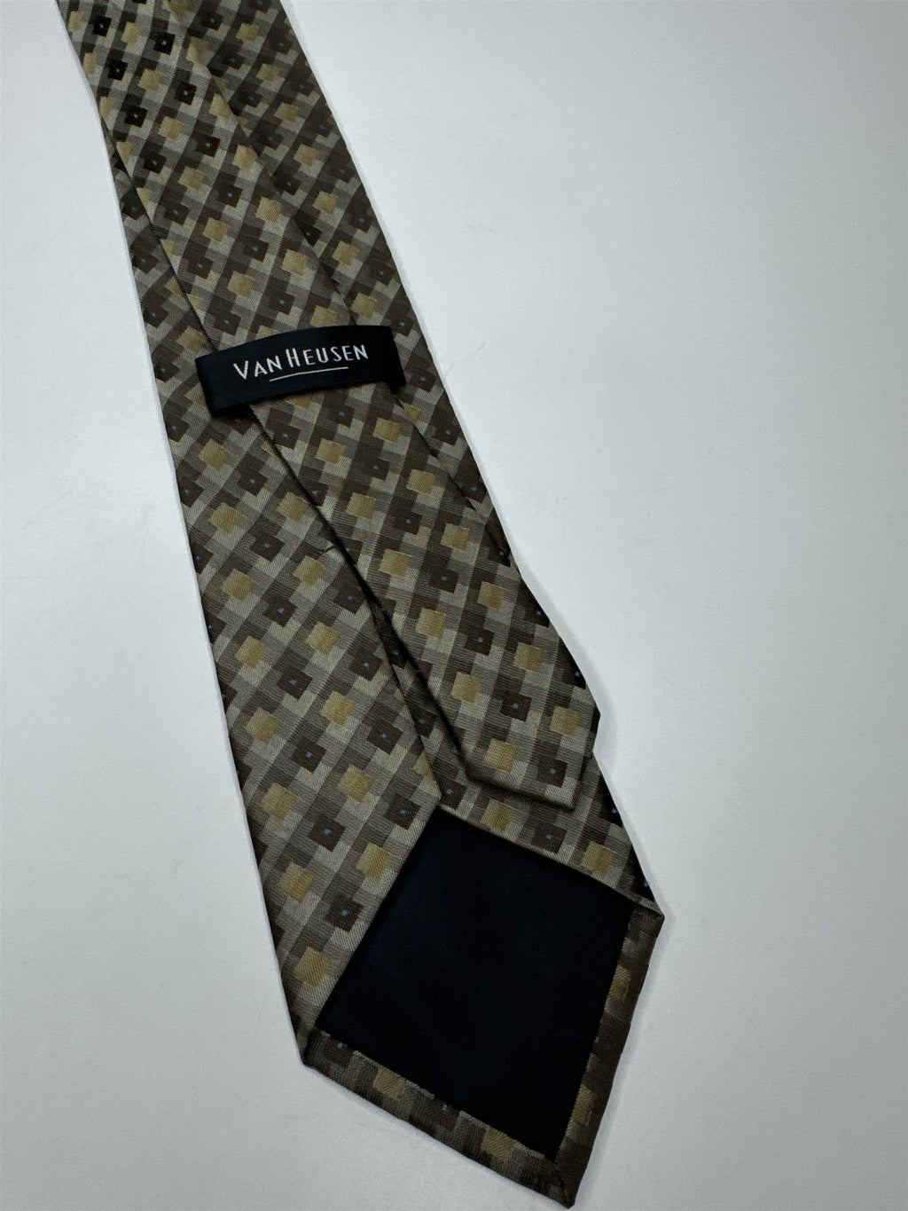 Van Heusen Mens Neck Tie Tan/Gray/Beige/Cream Square Pattern Polyester Handmade