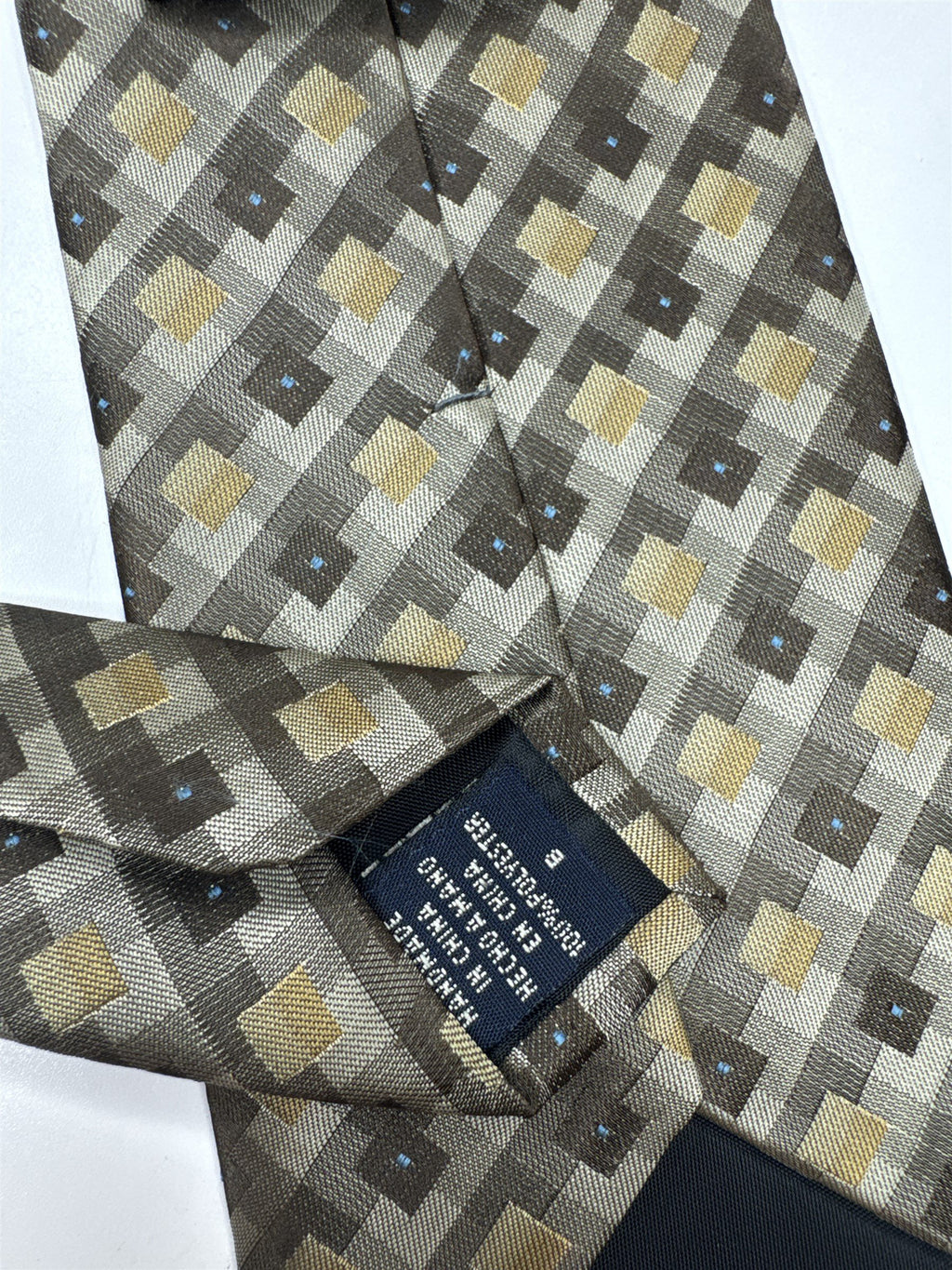 Van Heusen Mens Neck Tie Tan/Gray/Beige/Cream Square Pattern Polyester Handmade