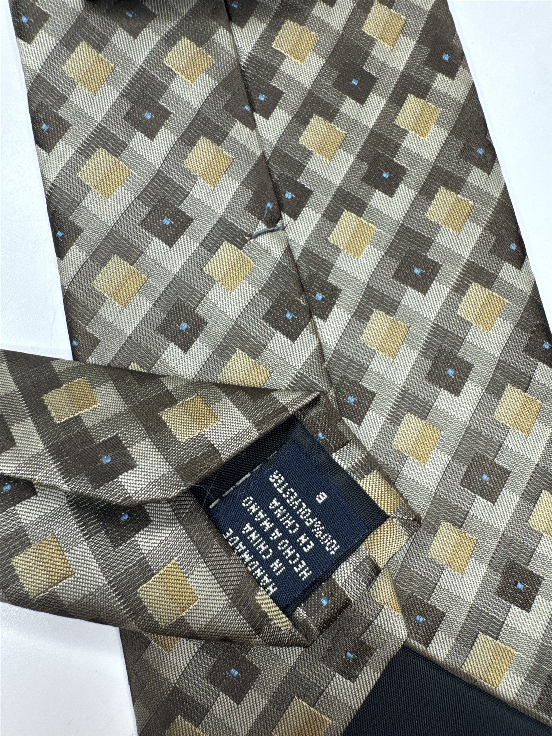 Van Heusen Mens Neck Tie Tan/Gray/Beige/Cream Square Pattern Polyester Handmade