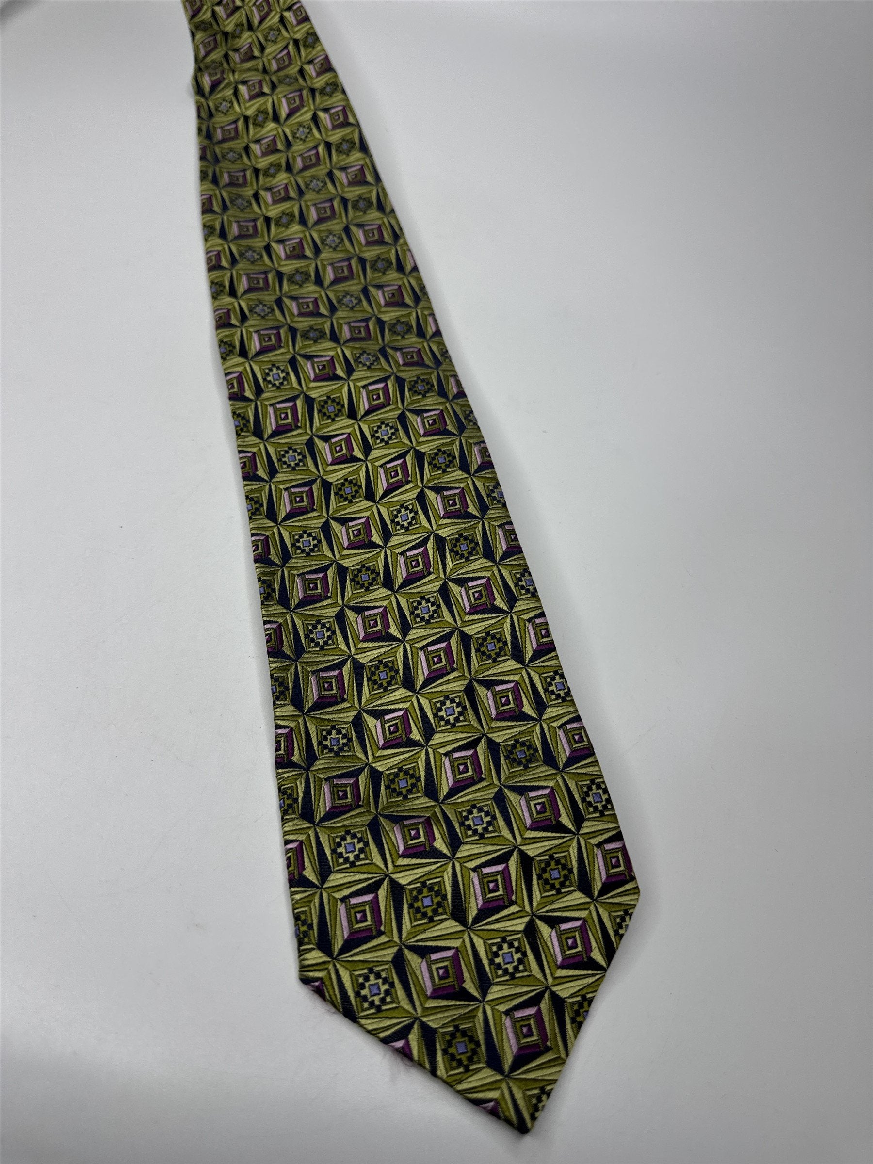 Mens Marino Gabri 100% Silk Neck Tie Green and Purple Square Bead Geometric Ptrn