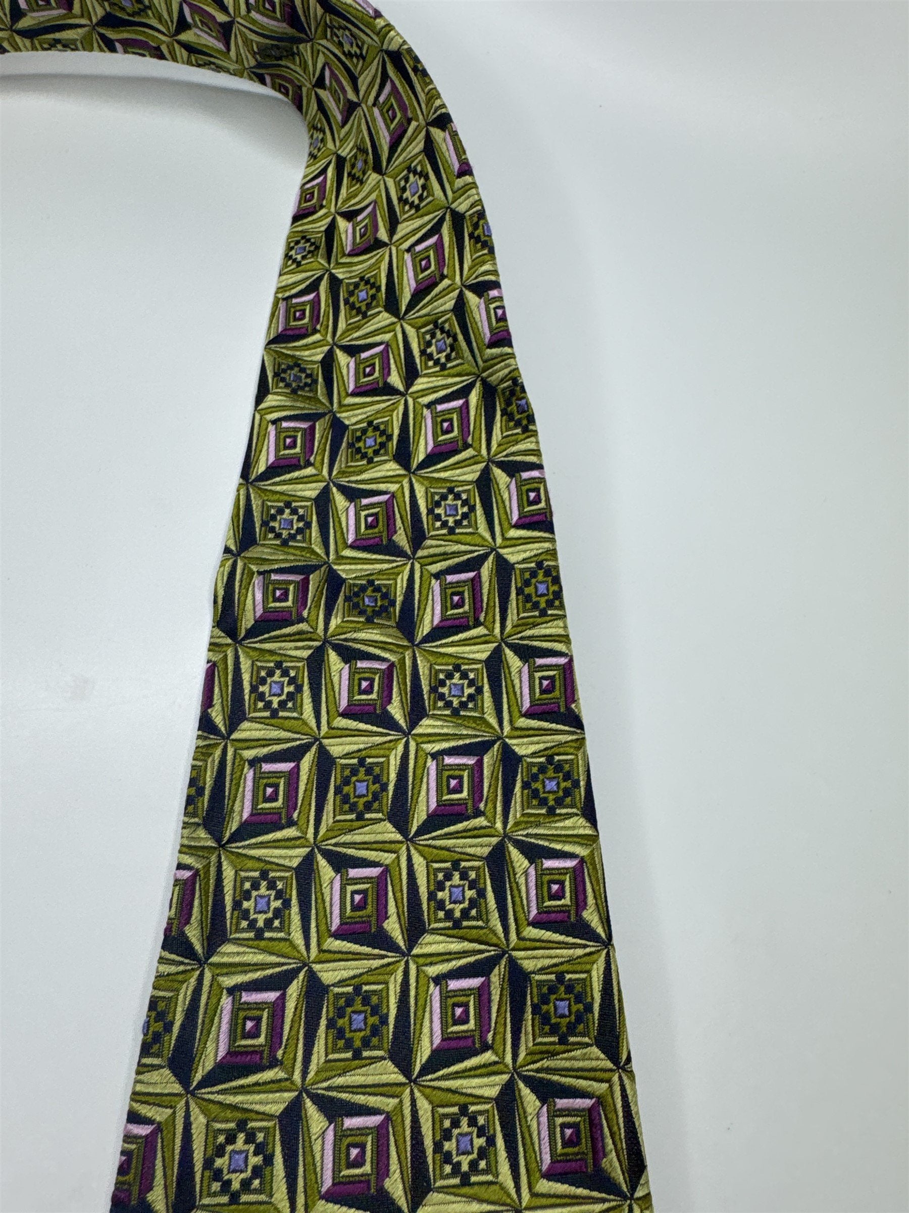 Mens Marino Gabri 100% Silk Neck Tie Green and Purple Square Bead Geometric Ptrn