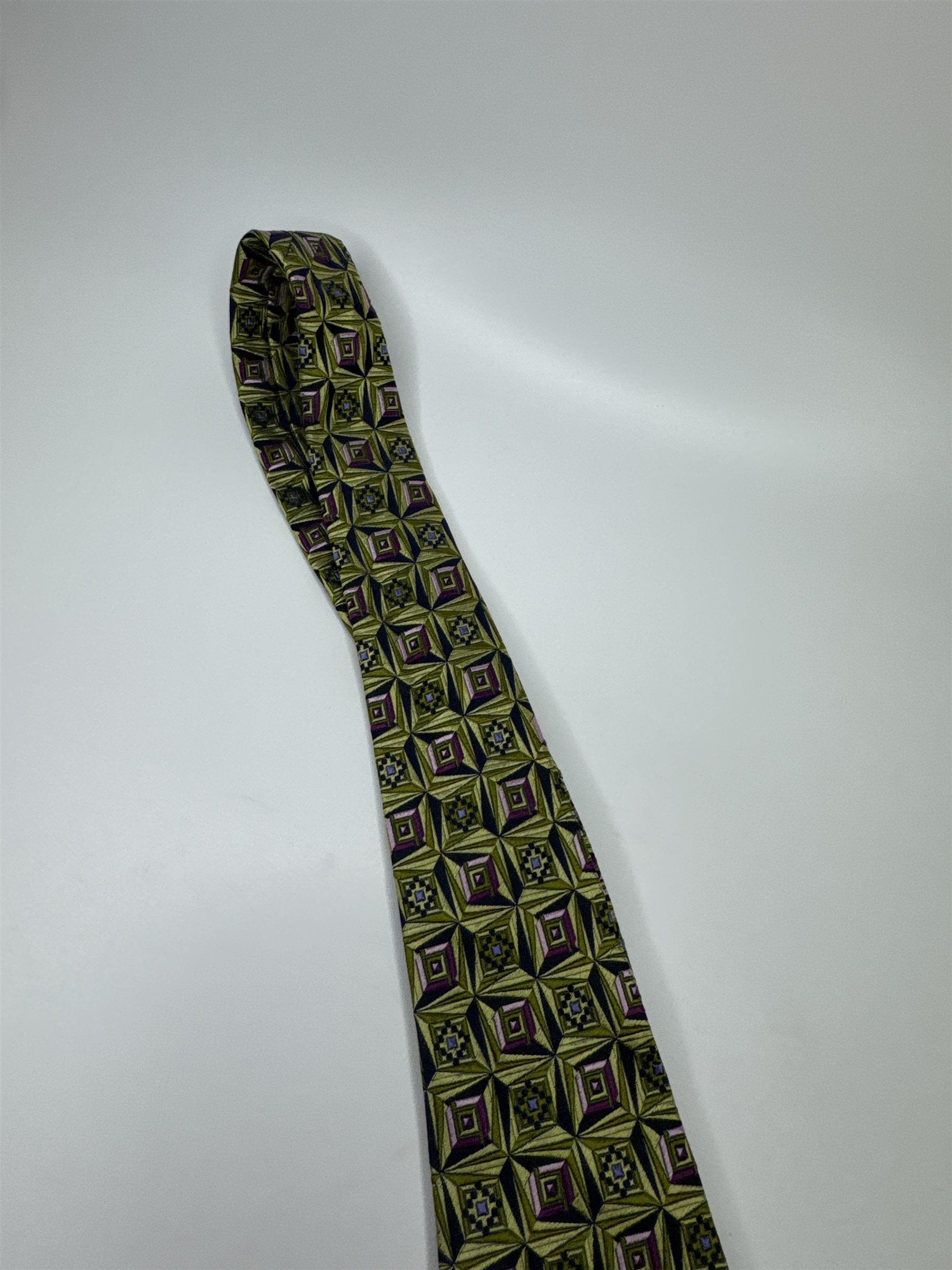 Mens Marino Gabri 100% Silk Neck Tie Green and Purple Square Bead Geometric Ptrn