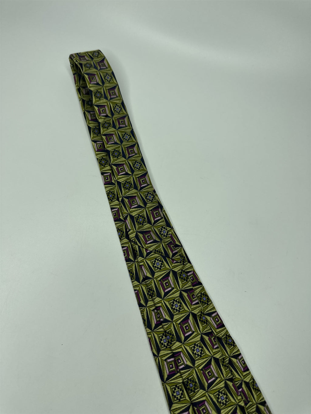 Mens Marino Gabri 100% Silk Neck Tie Green and Purple Square Bead Geometric Ptrn