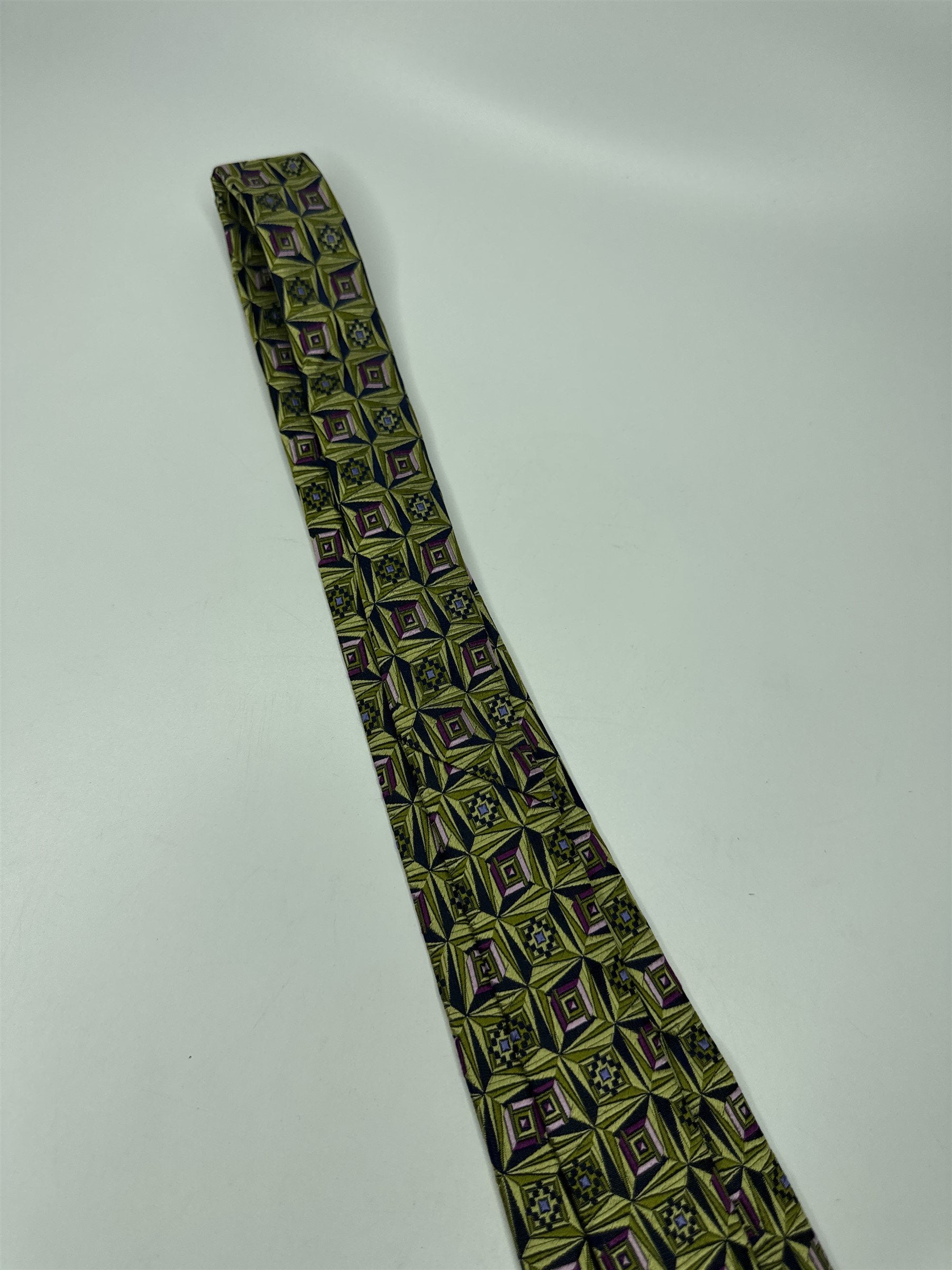 Mens Marino Gabri 100% Silk Neck Tie Green and Purple Square Bead Geometric Ptrn
