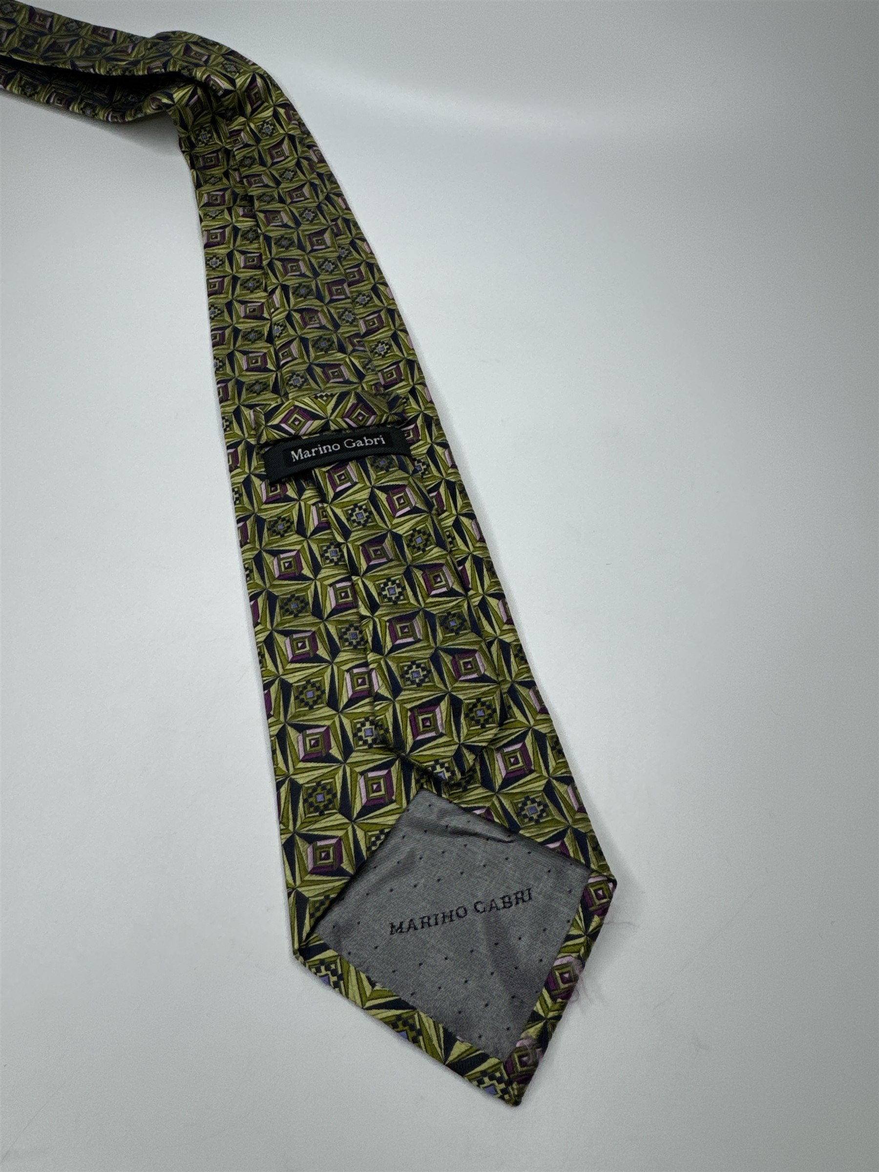 Mens Marino Gabri 100% Silk Neck Tie Green and Purple Square Bead Geometric Ptrn