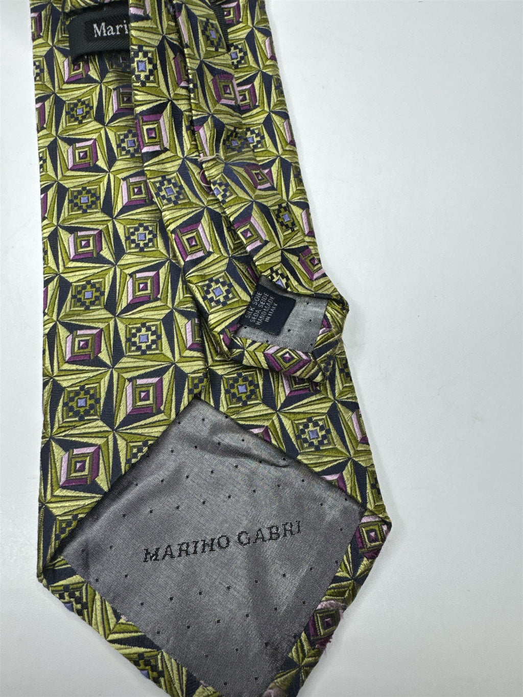 Mens Marino Gabri 100% Silk Neck Tie Green and Purple Square Bead Geometric Ptrn