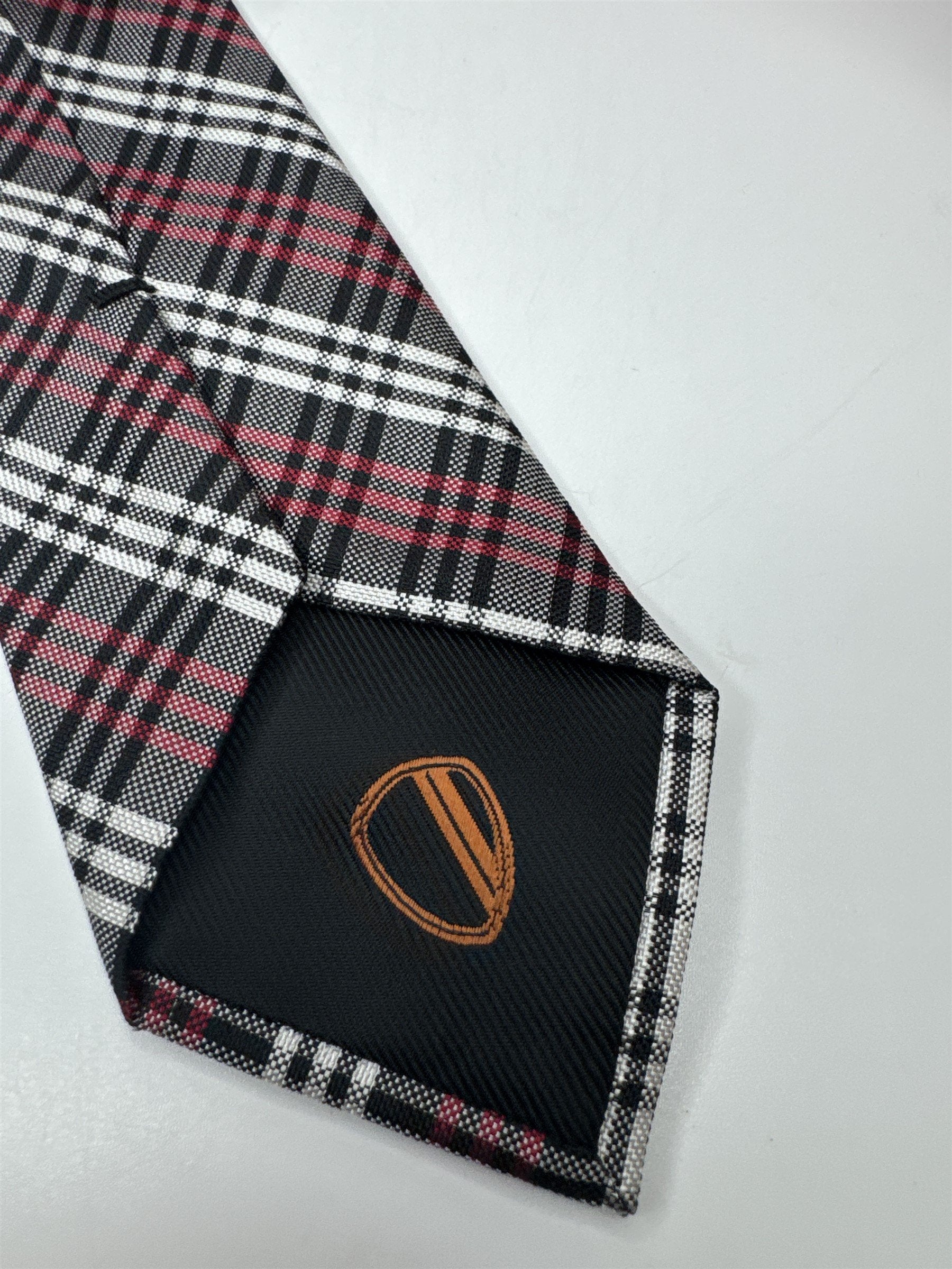 Mens Ben Sherman 100% Silk Red/White/Black Plaid Pattern Skinny Neck Tie