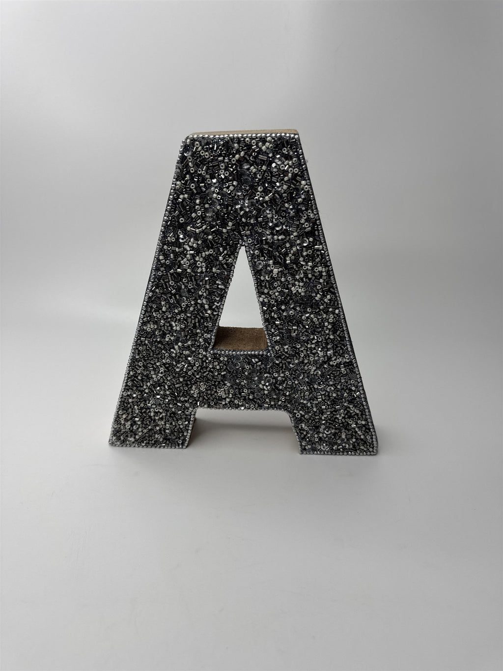 Wooden Hanging Wall Decor Letter "A" Initial Grey Sparkling Metallic Beads