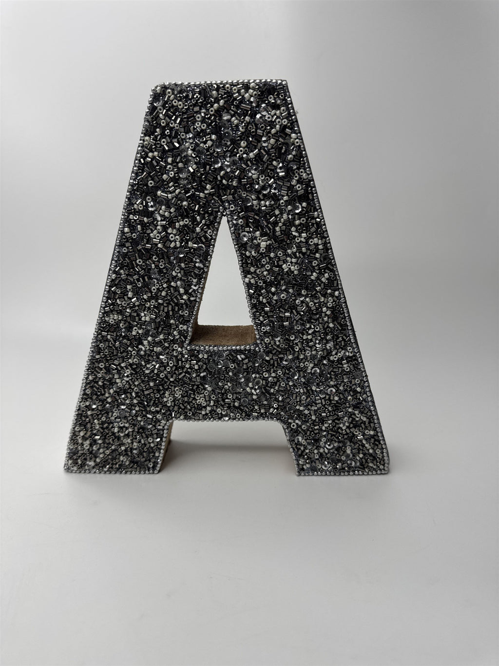 Wooden Hanging Wall Decor Letter "A" Initial Grey Sparkling Metallic Beads