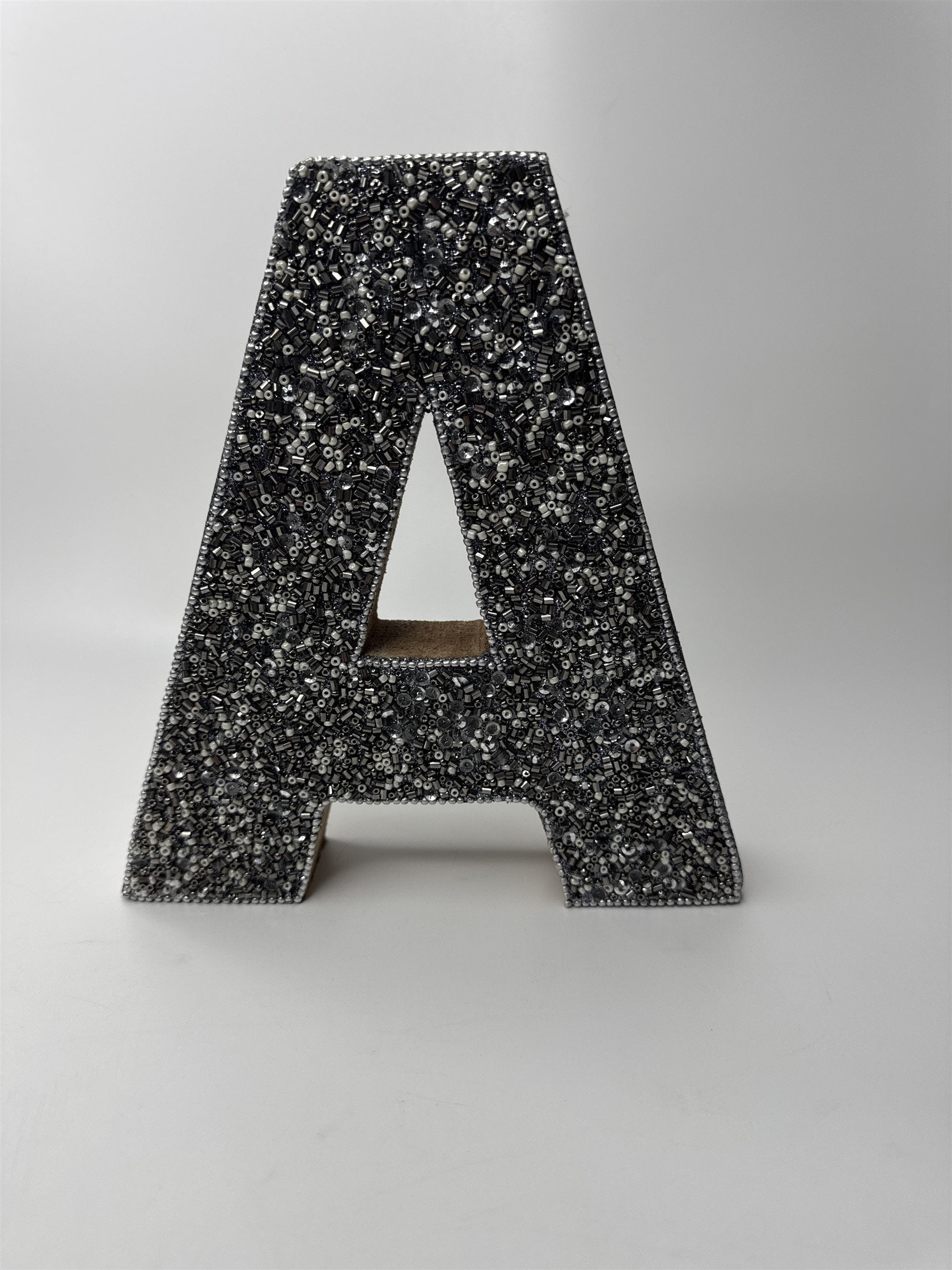 Wooden Hanging Wall Decor Letter "A" Initial Grey Sparkling Metallic Beads