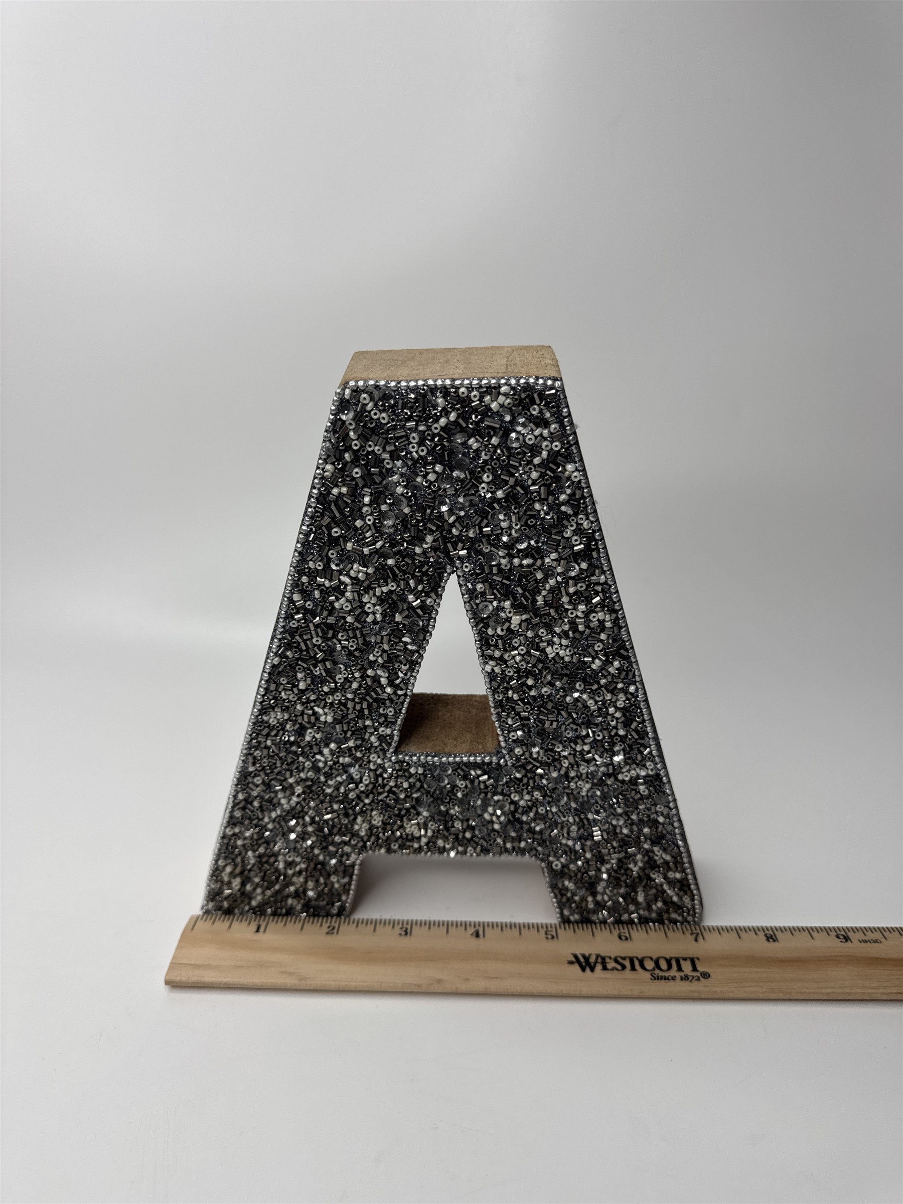 Wooden Hanging Wall Decor Letter "A" Initial Grey Sparkling Metallic Beads