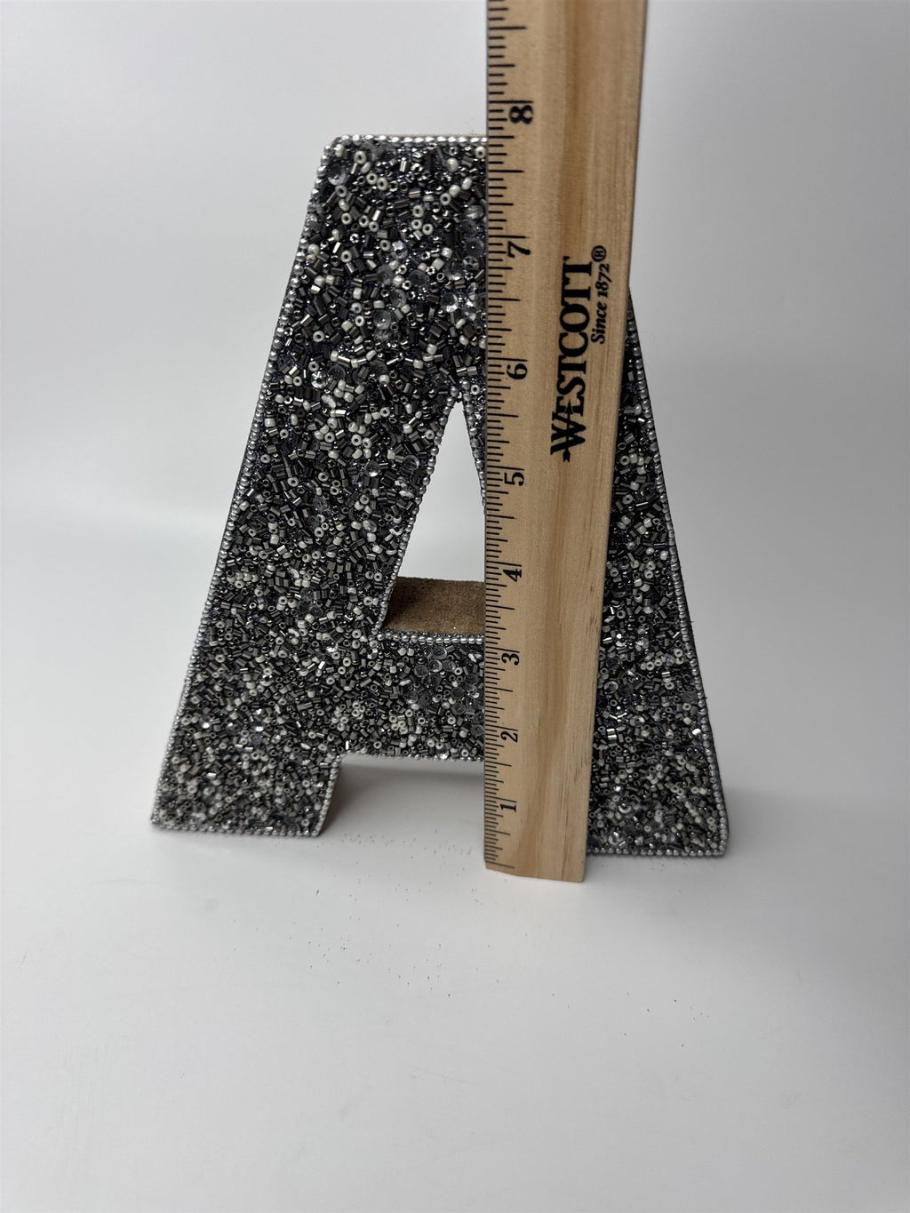Wooden Hanging Wall Decor Letter "A" Initial Grey Sparkling Metallic Beads