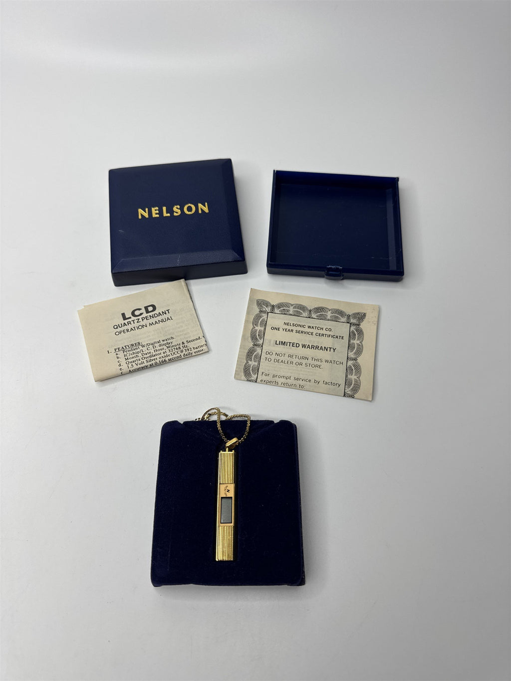 Vintage Nelson Necklace LCD Quartz Pendant Digital Watch Gold Tone Chain /w Box