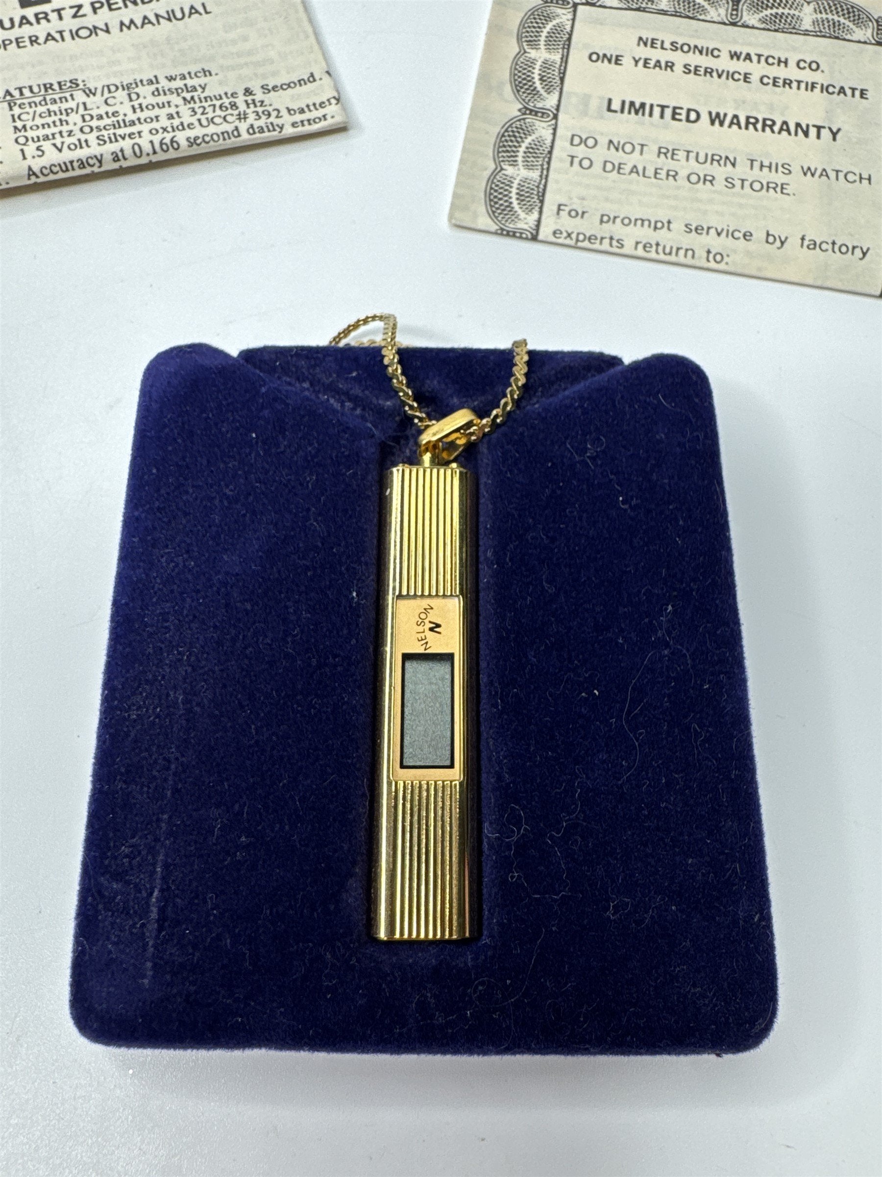 Vintage Nelson Necklace LCD Quartz Pendant Digital Watch Gold Tone Chain /w Box