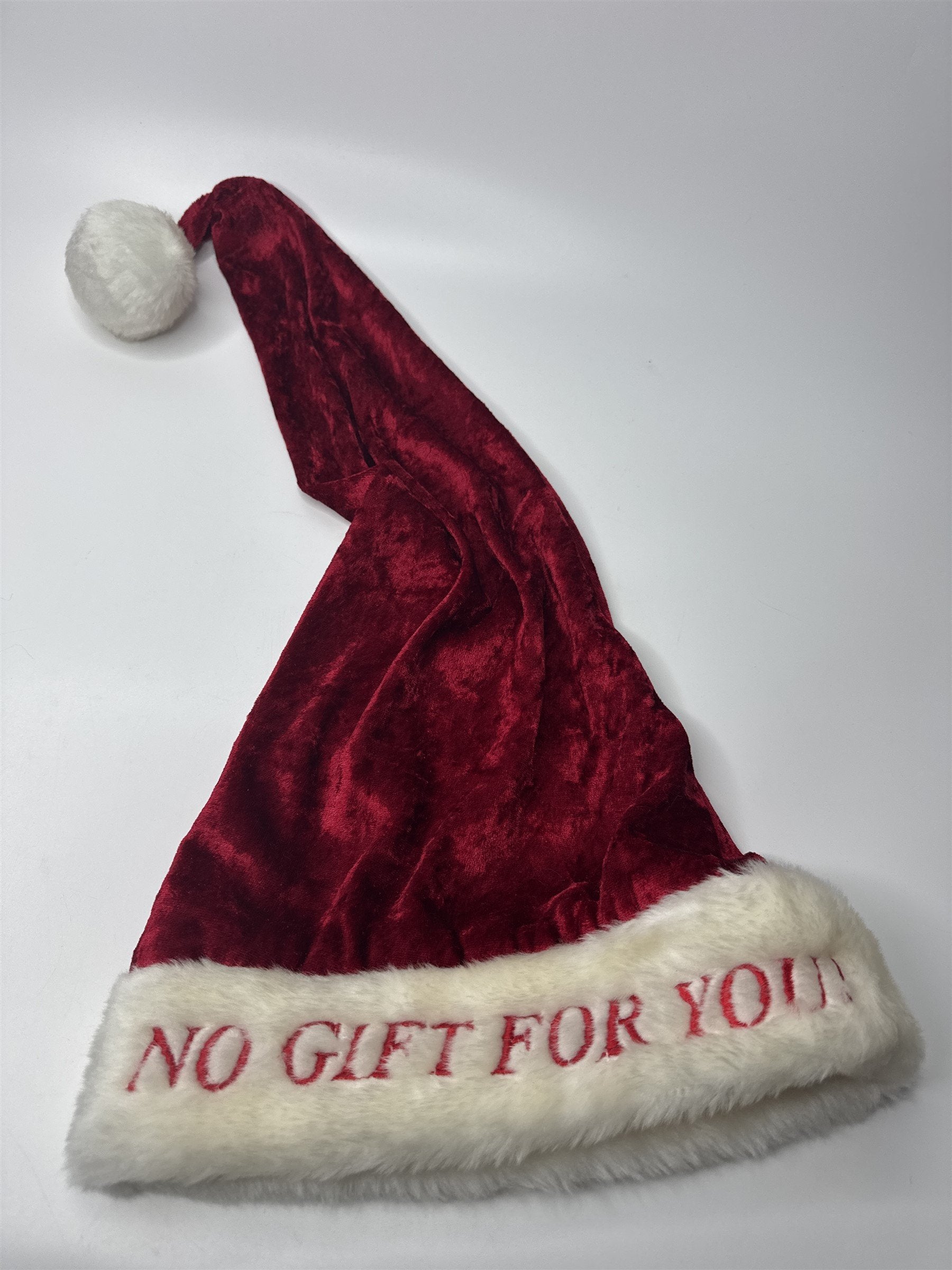 BAH HUMBUG! No Gift for You! Satin Red Santa Hat Christmas Hat Offwhite Trim