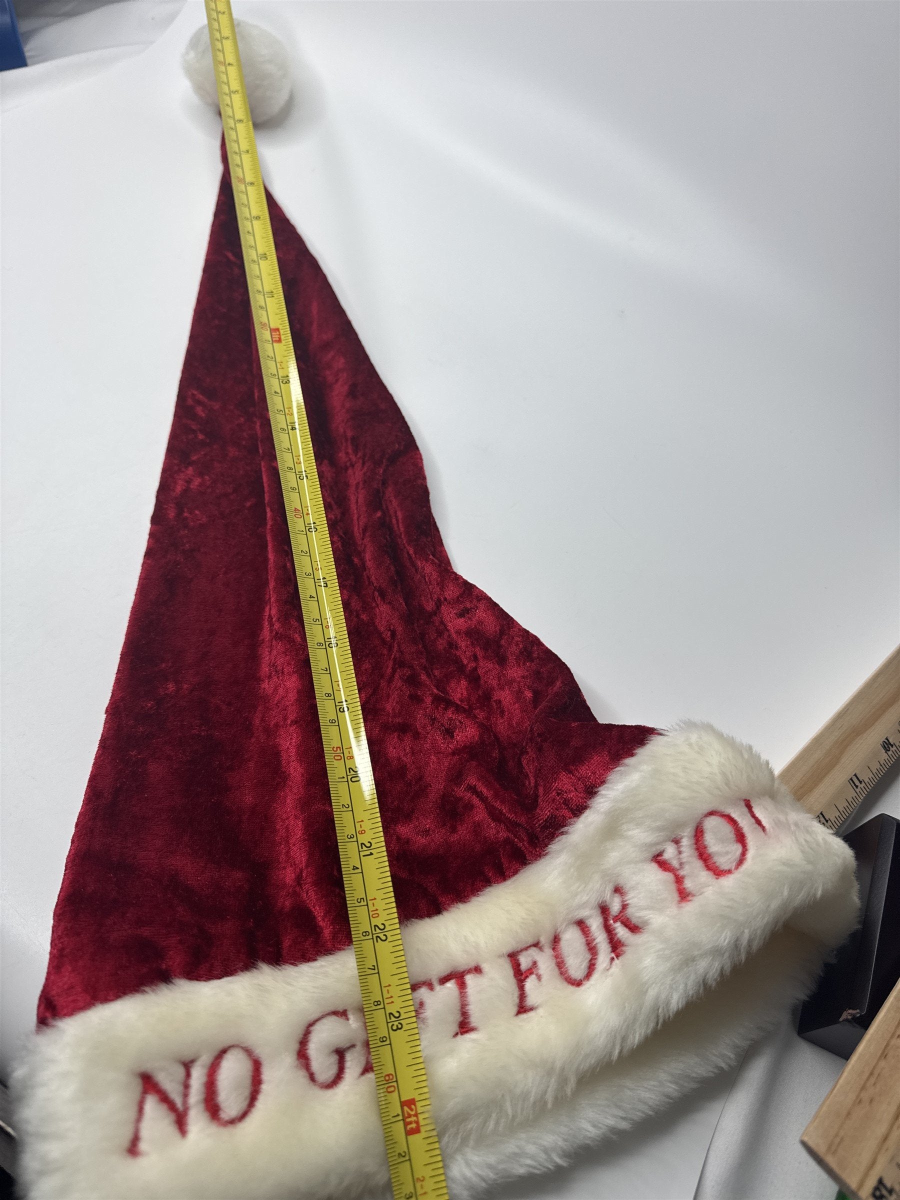 BAH HUMBUG! No Gift for You! Satin Red Santa Hat Christmas Hat Offwhite Trim