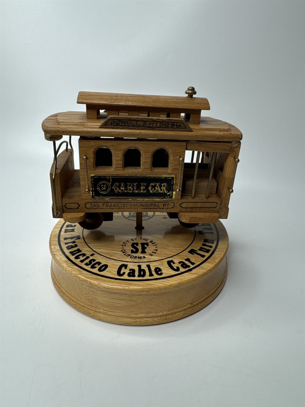 VTG San Francisco Cable Trolley Car Wooden Winding Turntable Music Box Streetcar
