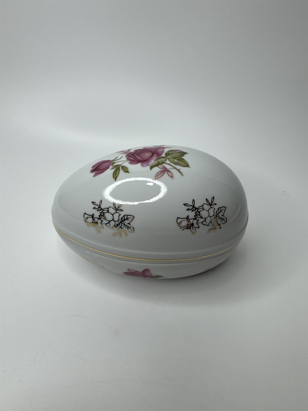 Lefton Hand Painted China Porcelain Egg With Flowers Floral Easter Egg Dish Gold