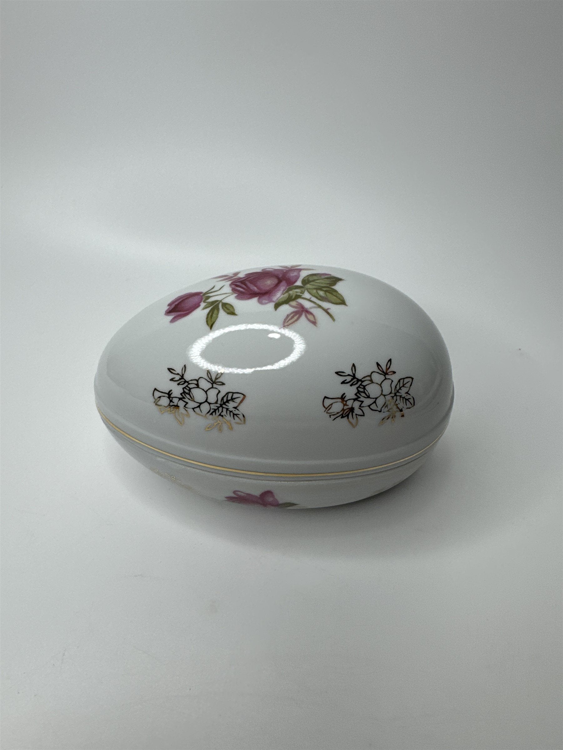 Lefton Hand Painted China Porcelain Egg With Flowers Floral Easter Egg Dish Gold