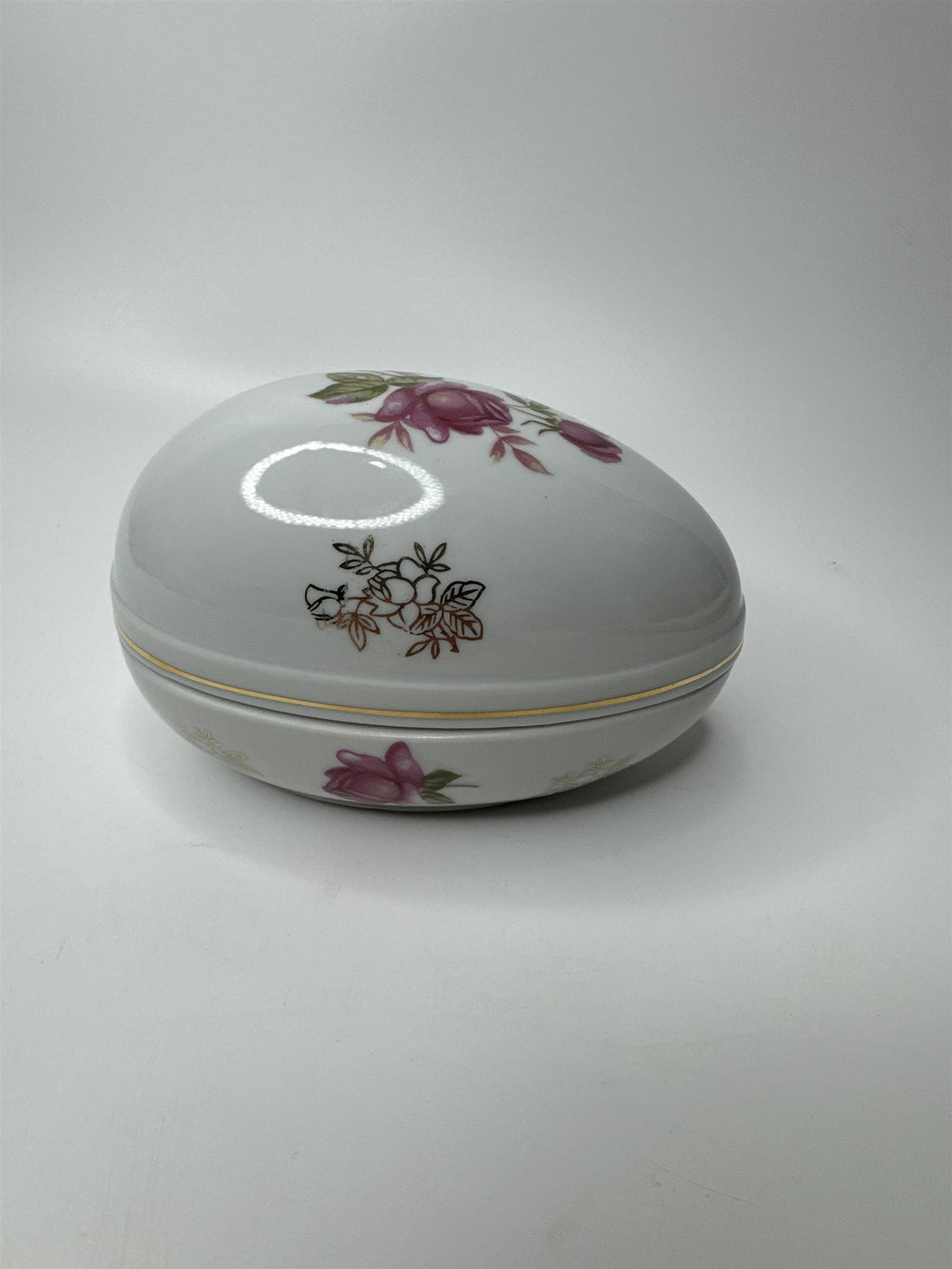 Lefton Hand Painted China Porcelain Egg With Flowers Floral Easter Egg Dish Gold