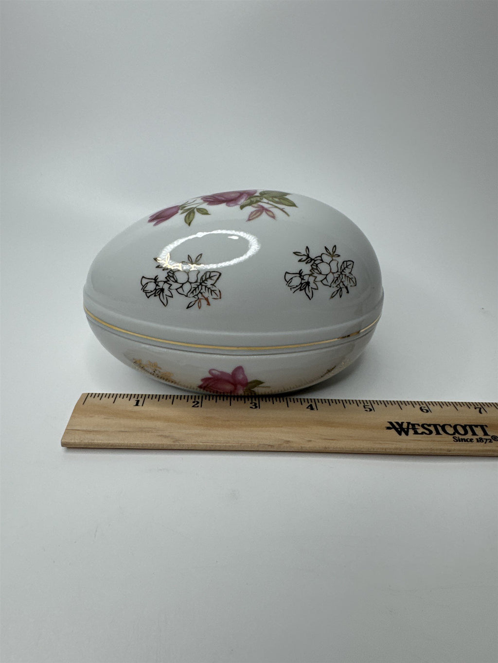 Lefton Hand Painted China Porcelain Egg With Flowers Floral Easter Egg Dish Gold