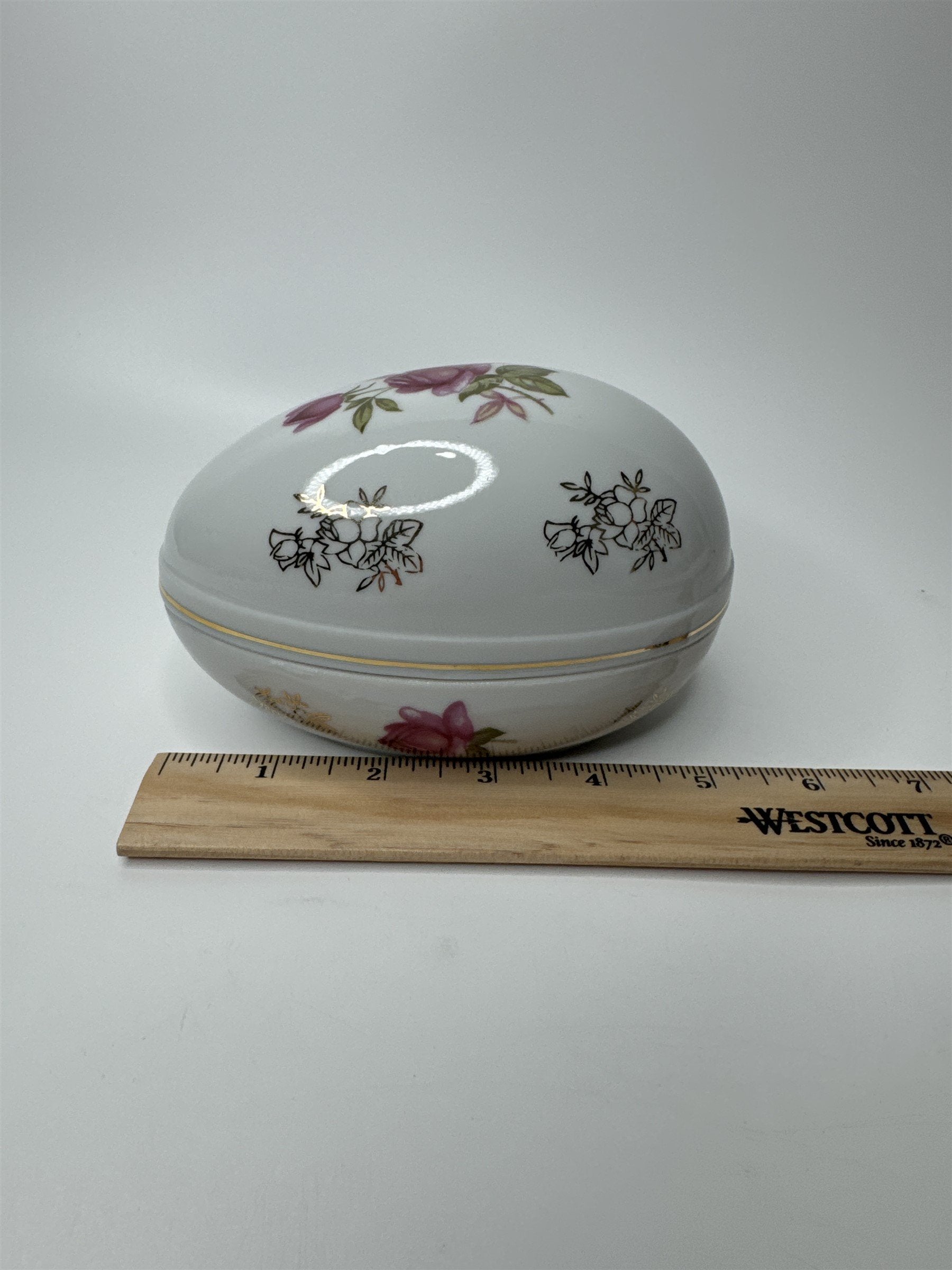 Lefton Hand Painted China Porcelain Egg With Flowers Floral Easter Egg Dish Gold