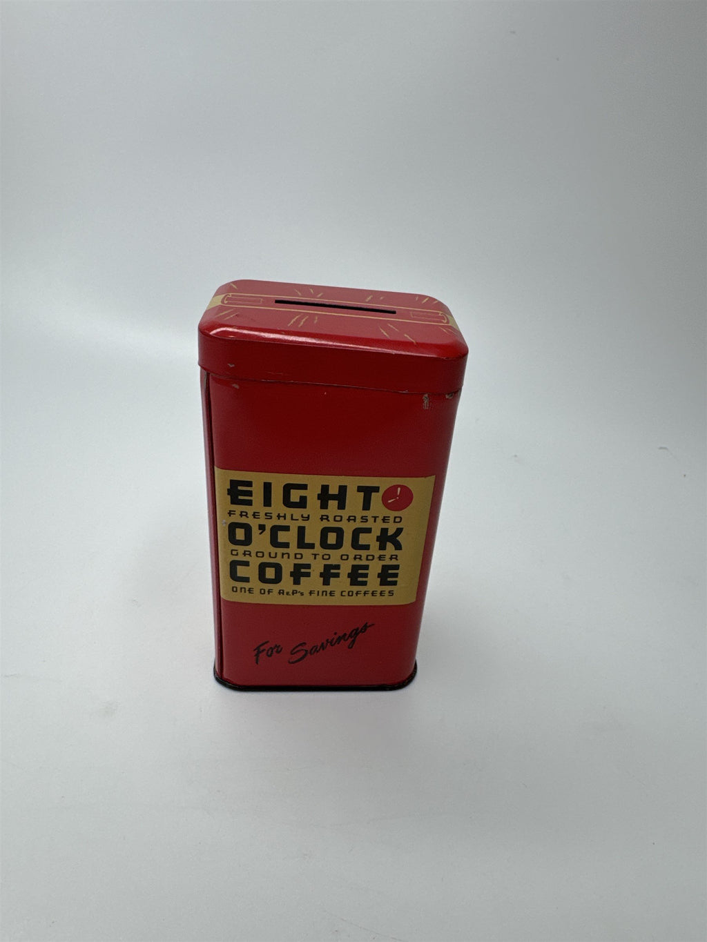 Supermarket Eight O'Clock Coffee 4" Vintage Red Tin Coin Bank USA