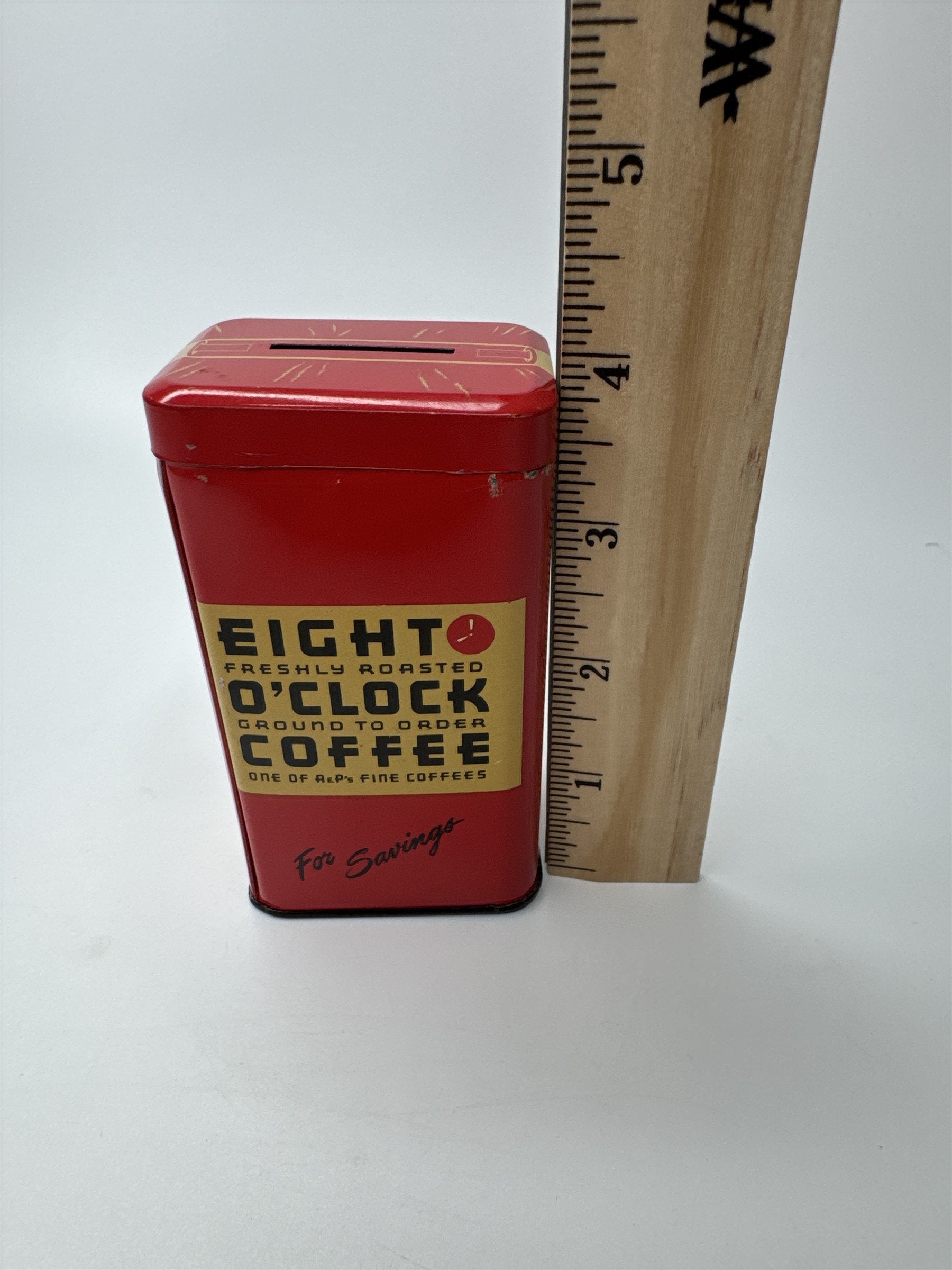 Supermarket Eight O'Clock Coffee 4" Vintage Red Tin Coin Bank USA